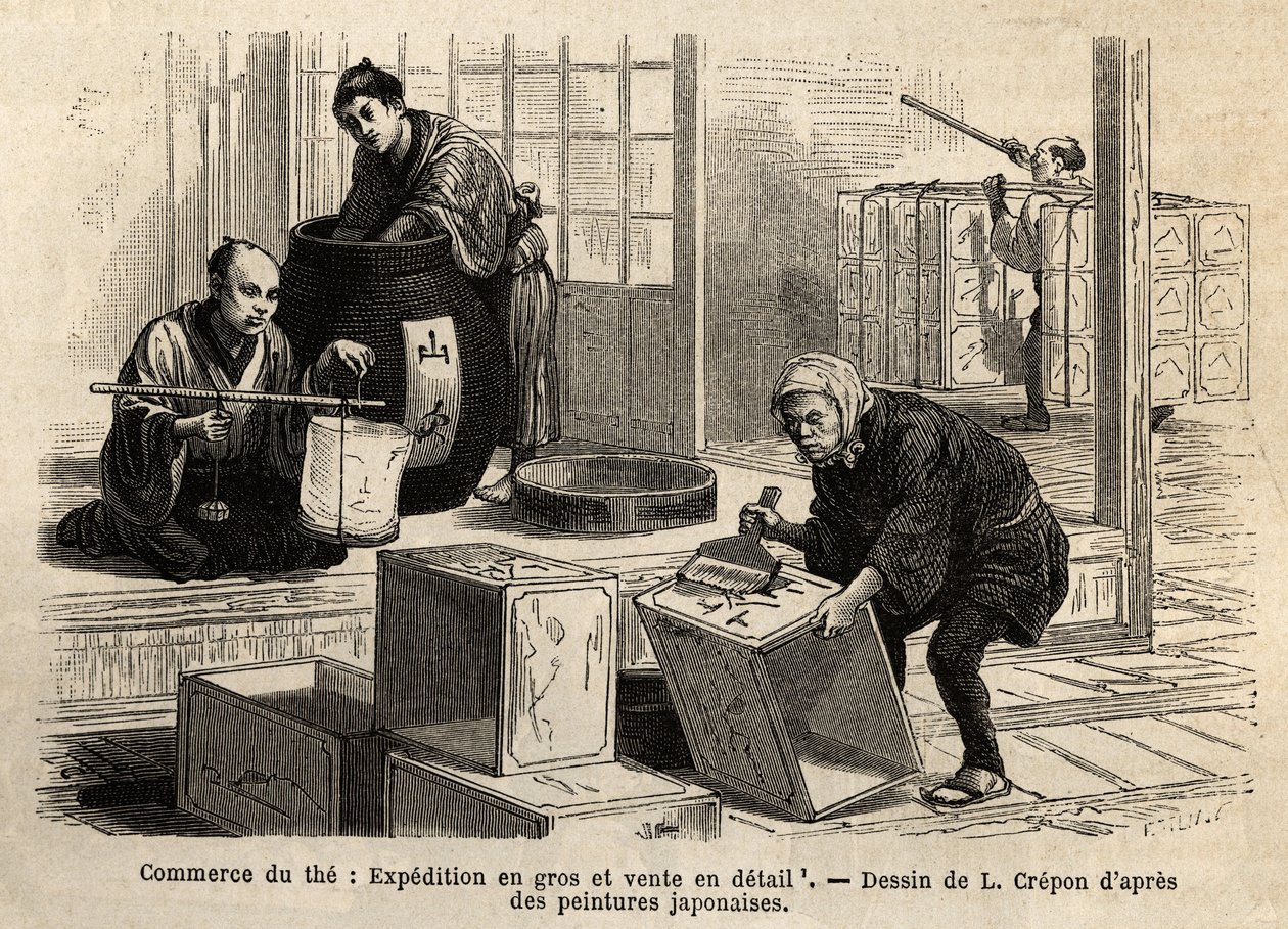 Der Handel mit Tee: Groß- und Einzelhandel. Gravur zur Illustration der Reise nach Japan, von Aimé Humbert, Minister der Schweizerischen Eidgenossenschaft, 1863-1864, veröffentlicht in „Le tour du monde“, 1869, herausgegeben von Edouard Charton, Edition Ha von Unknown artist