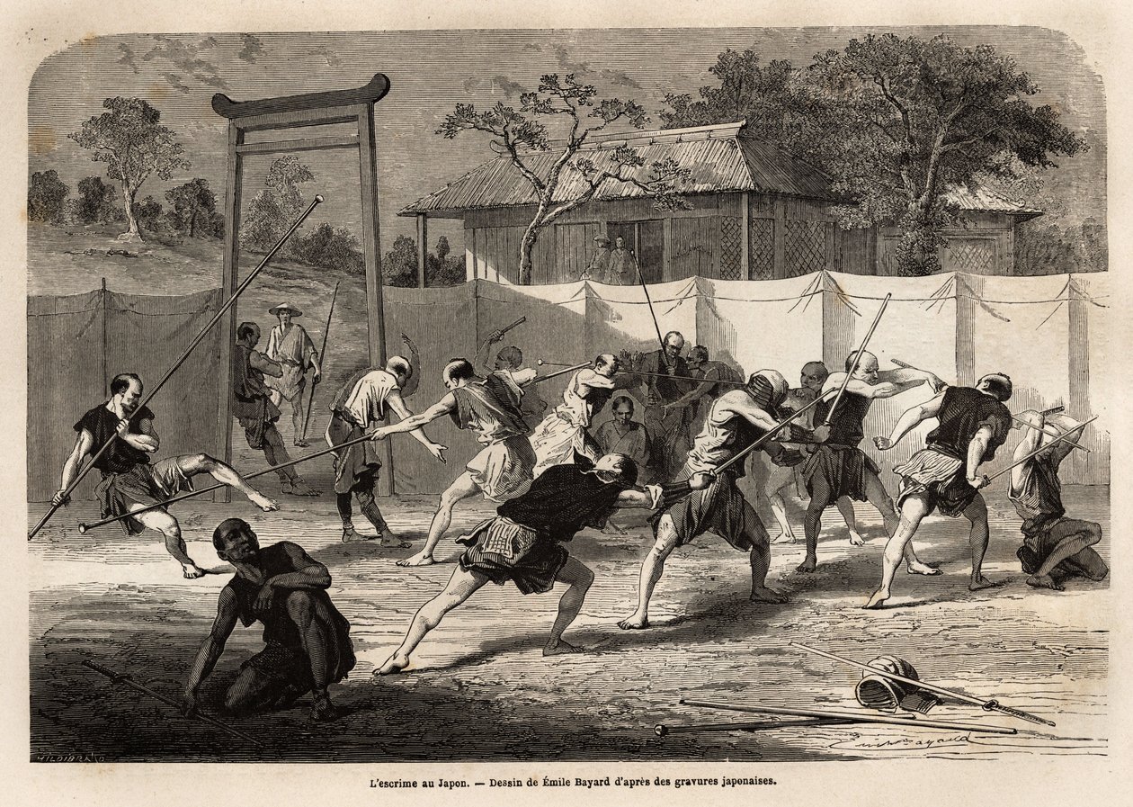 Das Training japanischer Krieger im Schwert- und Speerkampf in einer Art Arena, umgeben von gespanntem Segeltuch. Illustration der Reise nach Japan, 1863-1864, von Aime Humbert, Minister der Schweizerischen Eidgenossenschaft, in "Le tour du monde, nouveau" von Unknown artist