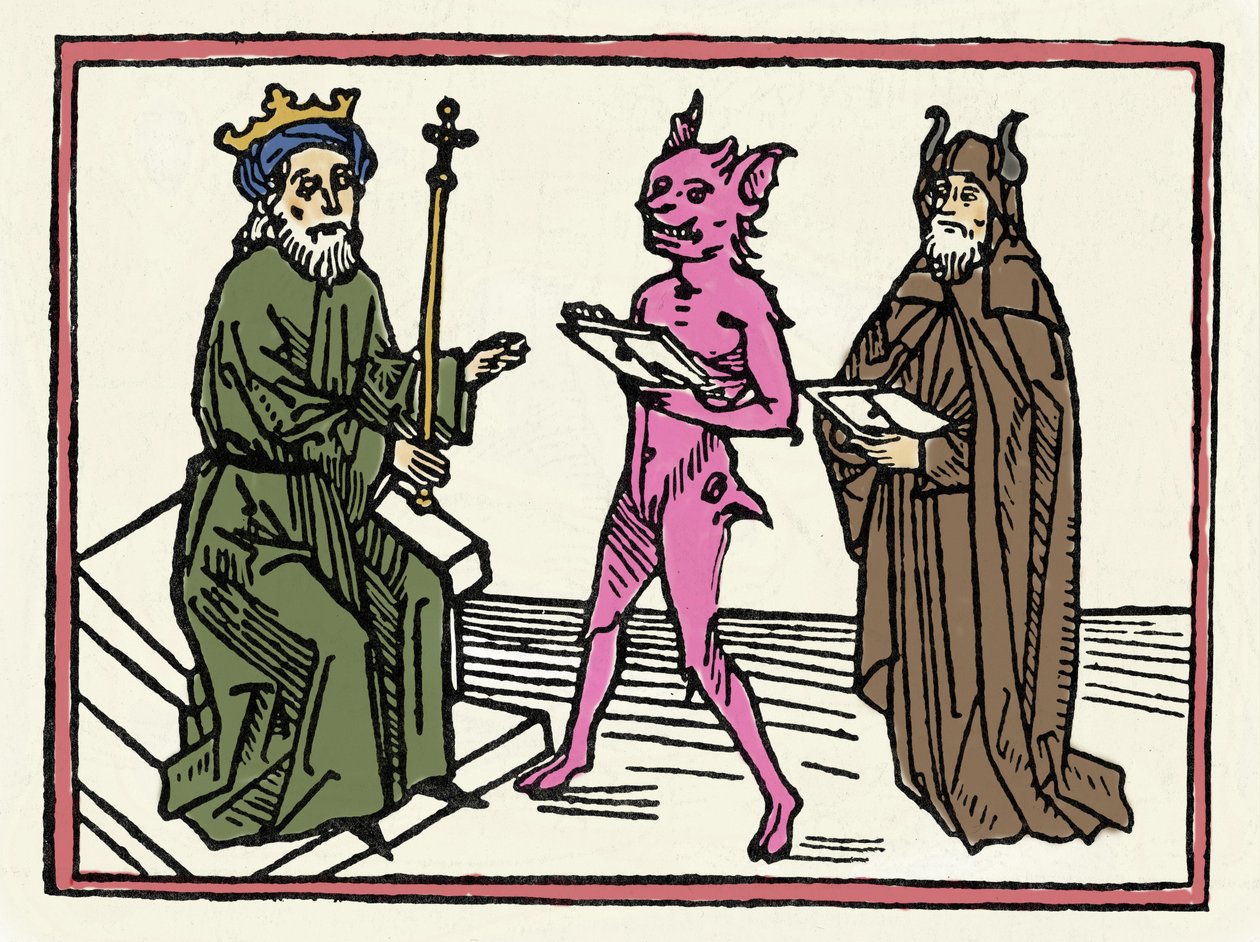Der Prozess von Belial: „Dämon Belial stellt Richter Salomon seine Referenzen vor“ Gravur aus „Der Prozess von Belial“ von Jacobus de Teramo (oder Palladino), Augsburg von Unknown artist