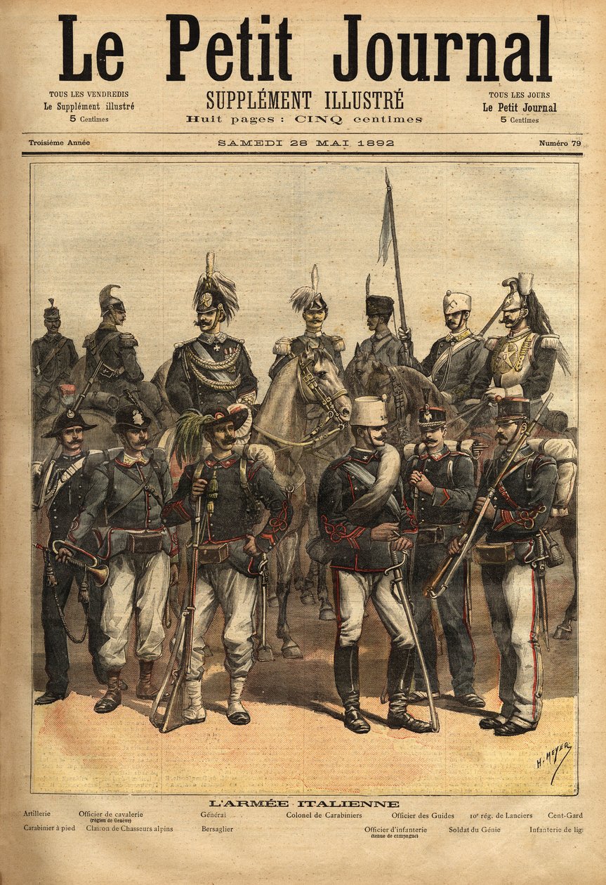 Die Uniformen der italienischen Armee, ein Pferd von links nach rechts: die Artillerie, der Kavallerieoffizier, der General, der Oberst der Carabinieri, der Offizier der Führer, das 10. Regiment der Lanzen, das Hundertste. Stehend von links nach rechts: de von Unknown artist