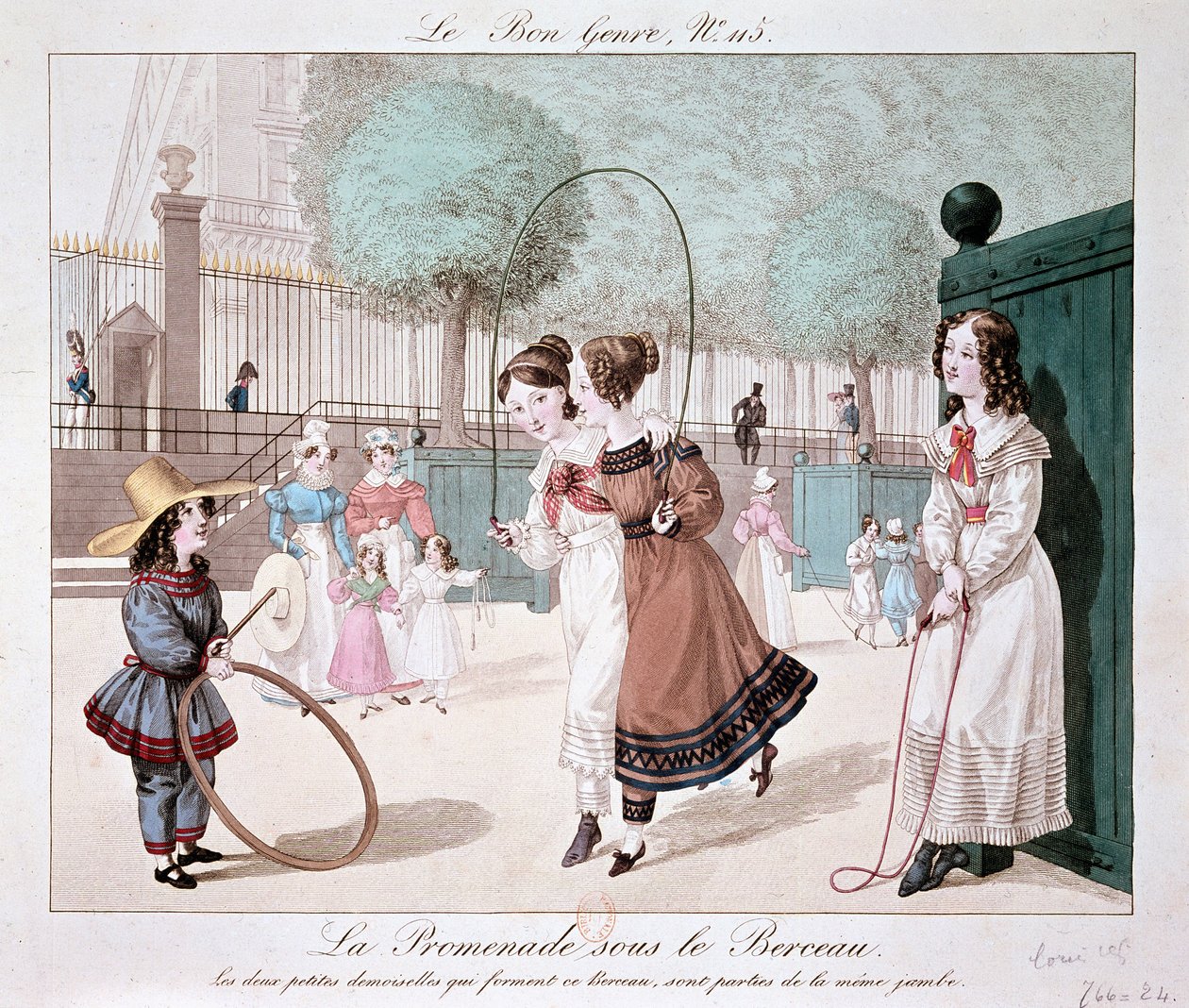 Der Spaziergang unter der Wiege: Die beiden kleinen Damen, die diese Wiege bilden, stammen aus demselben Bein (Jardin des Tuileries), um 1840 von Unknown artist