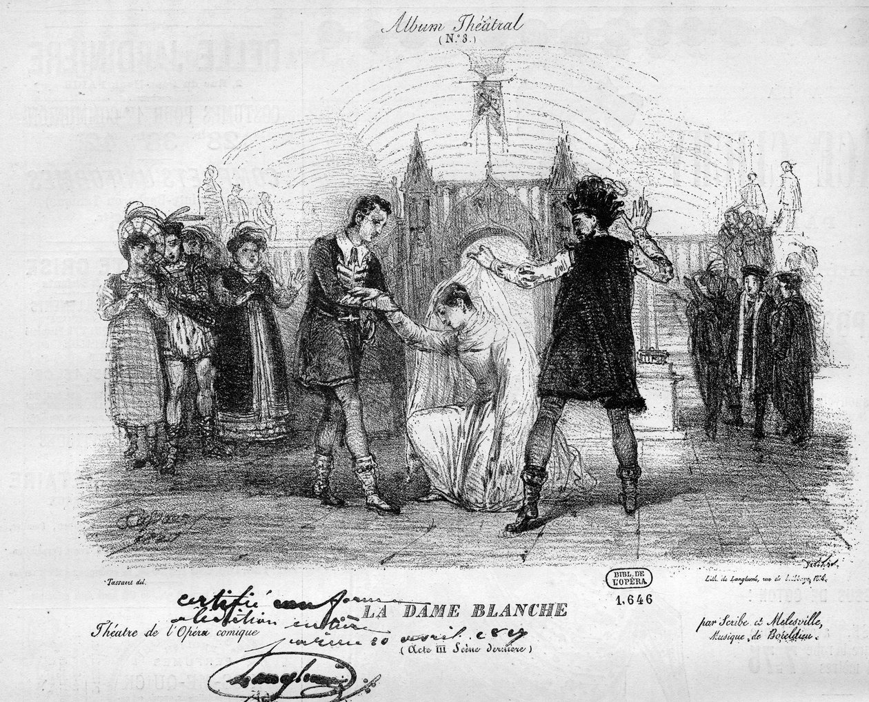 Die weiße Dame in den Originalkostümen von 1825. Oper in drei Akten von François Adrien Boieldieu (1775-1834). Gravur in „Le Monde Illustré“. von Unknown artist