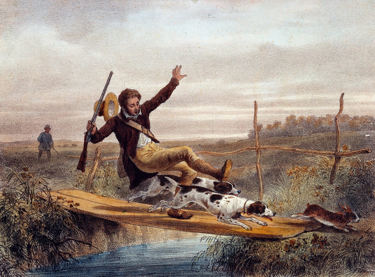 Der Fehltritt. Ein Jäger fällt von einer kleinen Brücke, gestoßen von Hunden, die einen Hasen jagen. Gravur des 19. Jahrhunderts. Gien, Jagdmuseum von Unknown artist