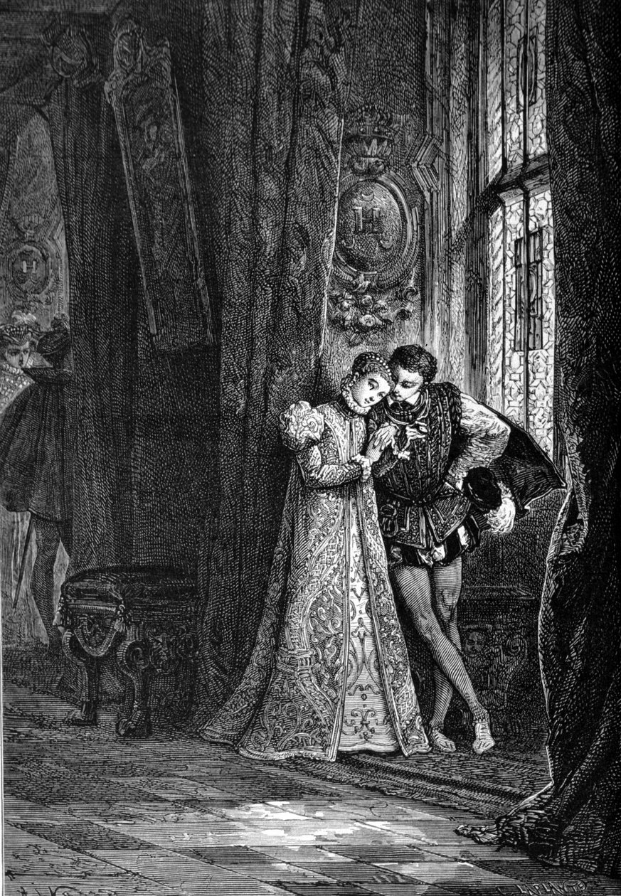 Die jungen Verlobten Marie Iere Stuart (1542 - 1587) und François II (1544 - 1560) zogen sich gerne zurück, um sich zu unterhalten. Gravur des 19. Jahrhunderts von Unknown artist