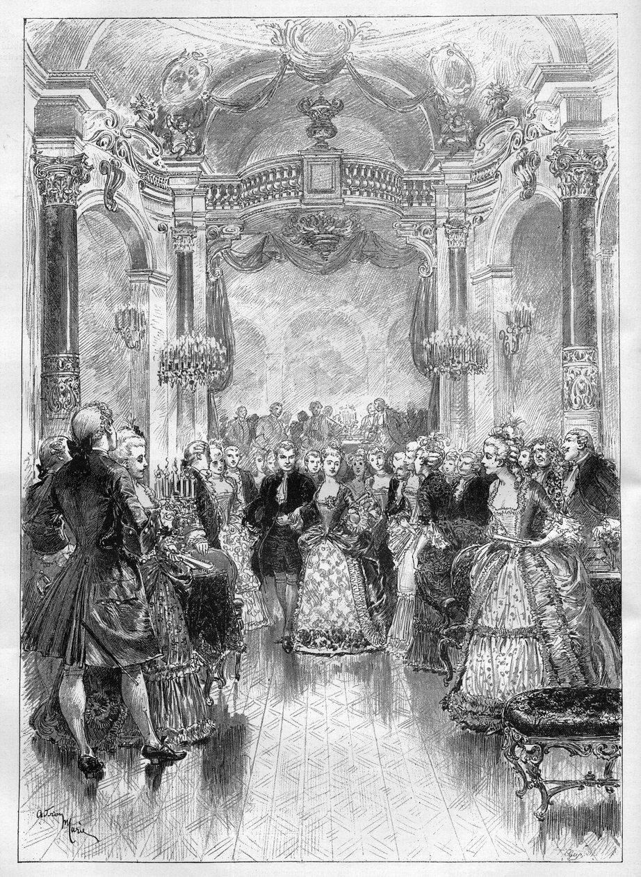 Theater: „Manon“, komische Oper von Henri Meilhac (1831-1897) und Philippe Gille (1831-1901) mit Musik von Jules Massenet (1842-1912), aufgeführt an der Opéra Comique. Gravur in „Le Monde Illustré“. von Unknown artist