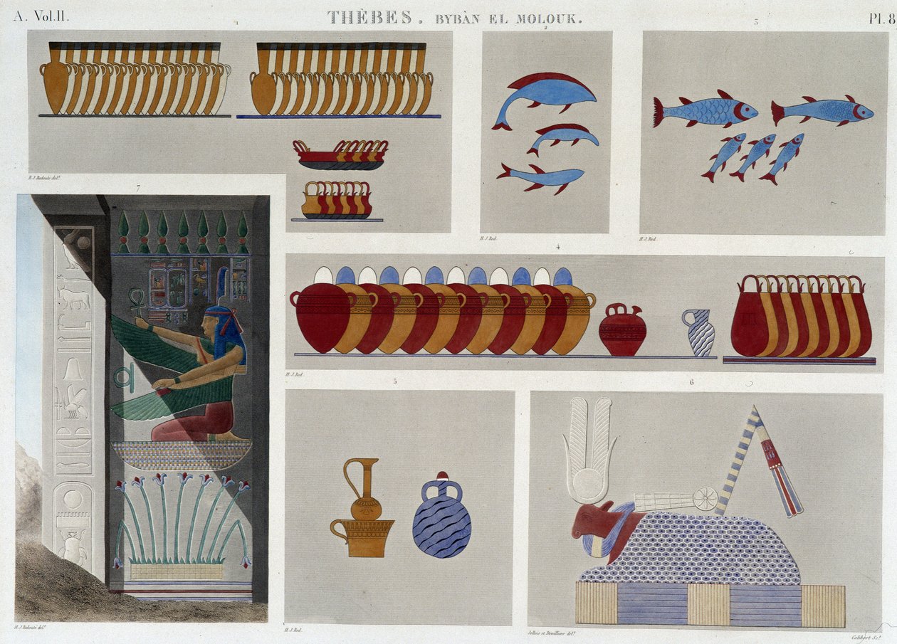 Theben: Bybân el Molouk. pl 87: Malereien des 5. Königsgrabes im Osten, 7. Basrelief vom Eingang desselben Grabes in „Ägyptische Antiquitäten“, 19. Jahrhundert von Unknown artist