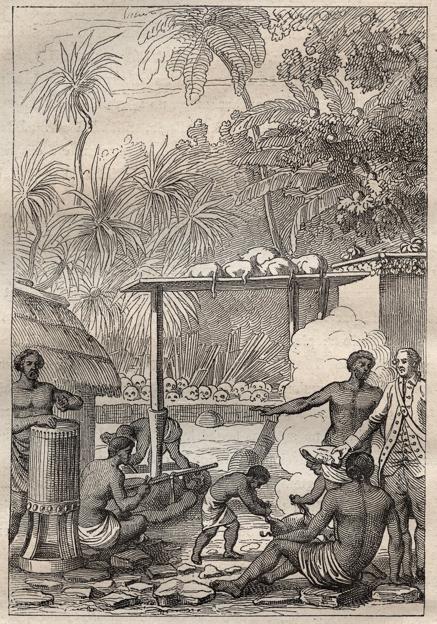 Dritte Reise (1776-1779) von Kapitän James Cook (1728-1779): Menschenopfer in Tahiti - Illustration aus „Die großen Seefahrer des 18. Jahrhunderts“ von Unknown artist