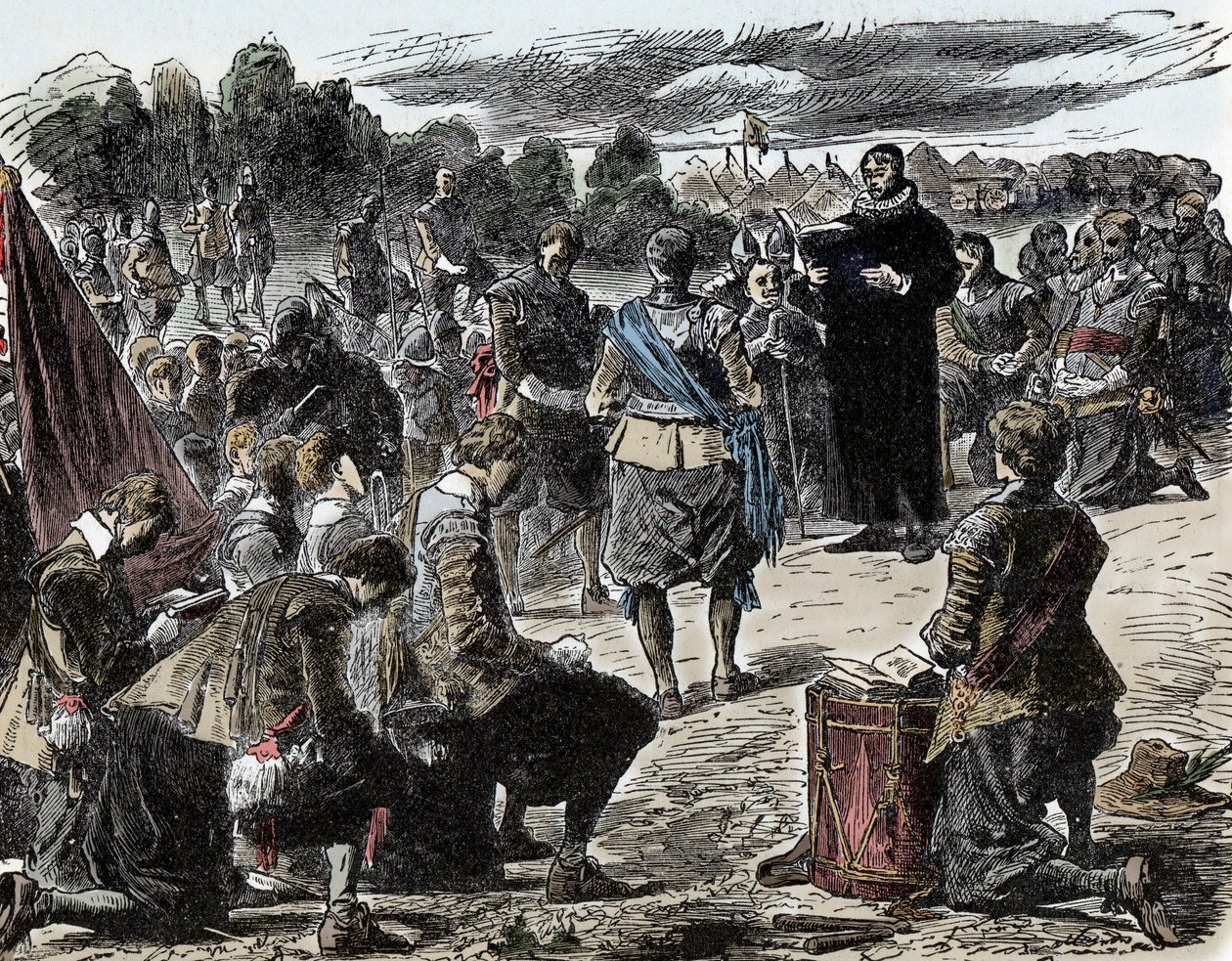 Dreißigjähriger Krieg: Schweden im Gebet vor der Schlacht von Lützen - Dreißigjähriger Krieg (1618-1648): König Gustav II. Adolf von Schweden (1594-1632) und seine Truppen versammeln sich vor der Schlacht von Lützen (1632) zu einer religiösen Feier von Unknown artist
