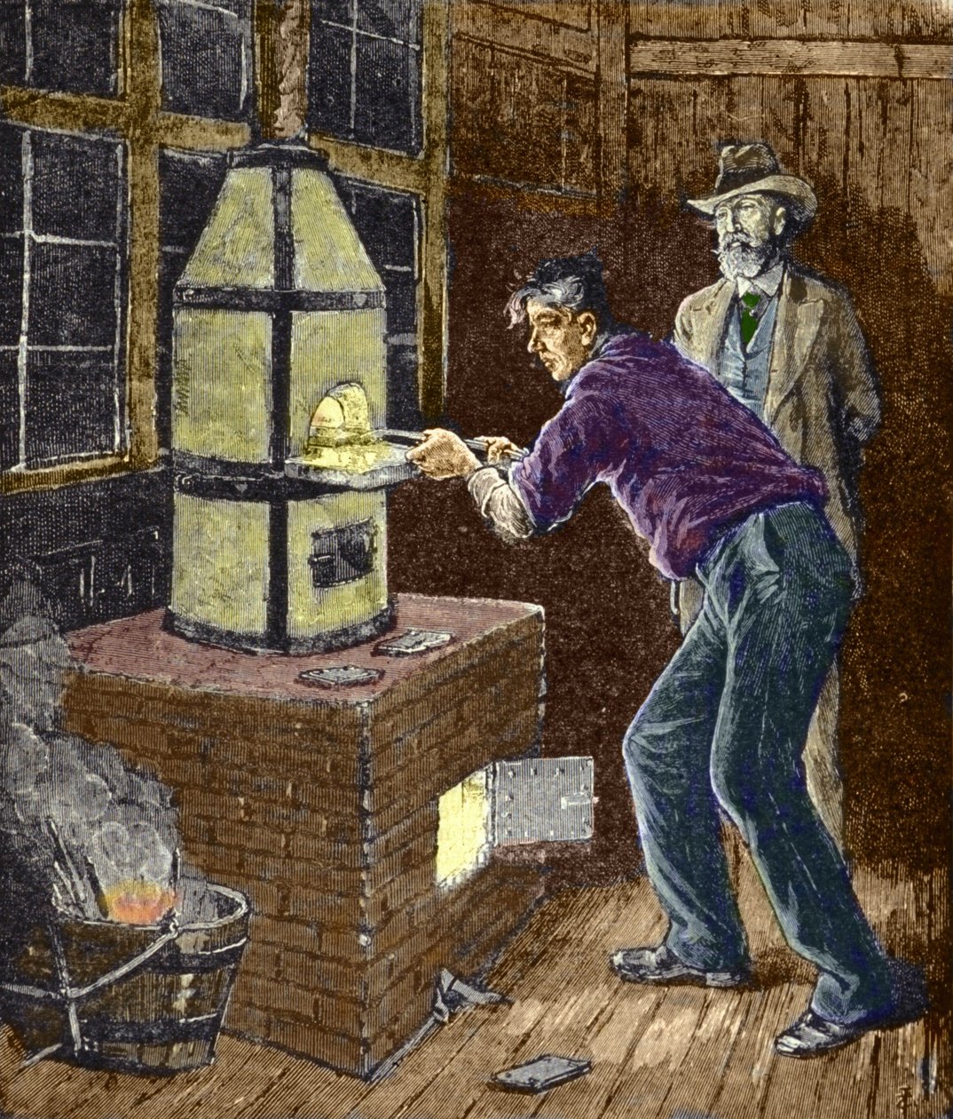 Thomas Edison experimentiert um 1879 mit Kohlenstoffpapier für die Glühlampe von Unknown artist