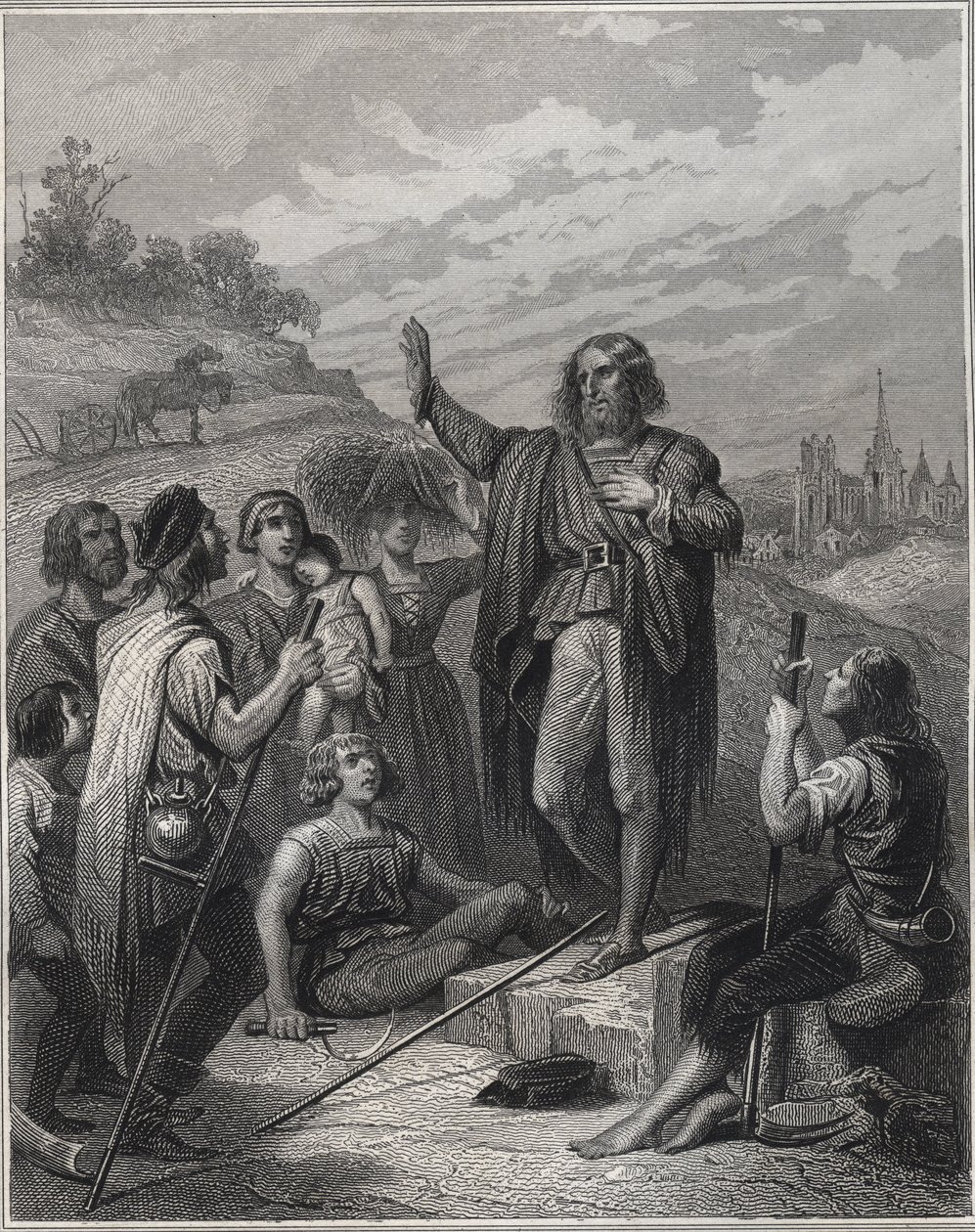 Thomas Müntzer predigt - Thomas Müntzer (1489-1525) lehrt seine Doktrin - Gravur in „Les Fastes populaires, ou Histoire des actes heroiques du peuple et de son influence sur les sciences, les arts, l