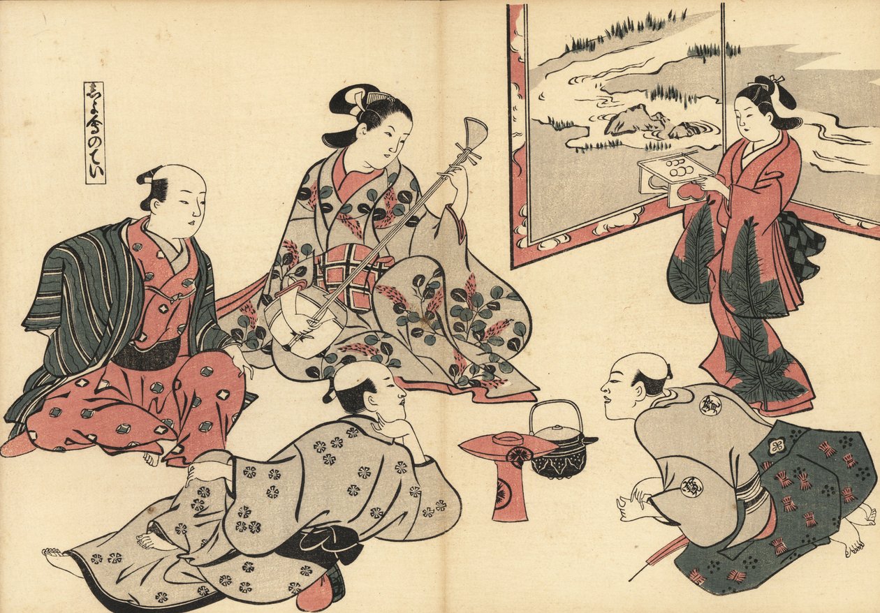 Drei Samurai hören einer Kurtisane zu, die Shamisen spielt, während ein Kamuro Essen auf einem Tablett bringt. Holzschnitt von Masanobu Okumura (1686-1764) aus Fuzoku Emakimono, Bildrolle des Wasserhandels, Tokio, Nachdruck um 1880. von Unknown artist