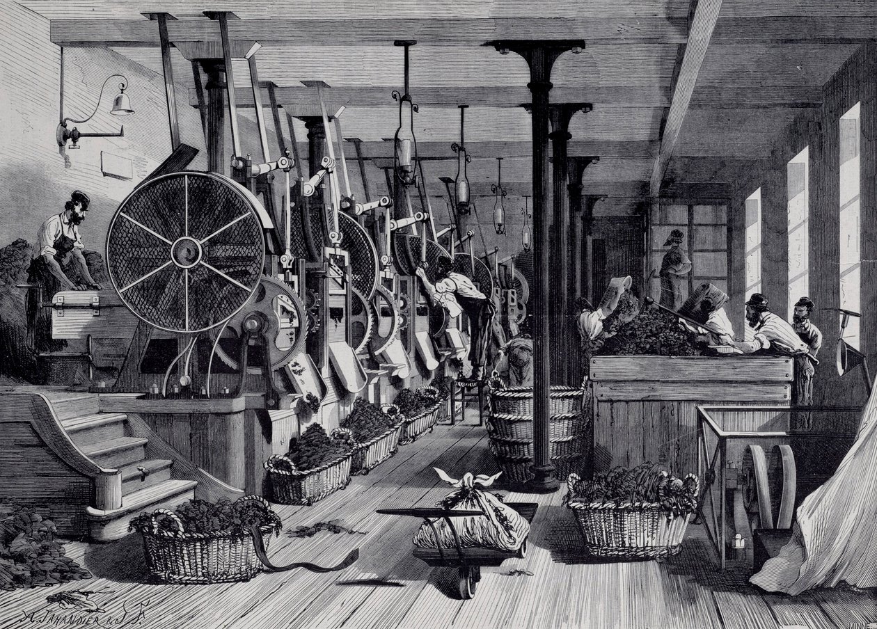 Tabakfabrik, Waschraum und Tabakverarbeitung. Gravur um 1867. Paris, Musée Carnavalet von Unknown artist