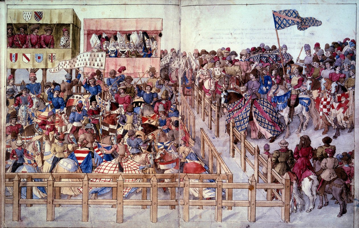 Turnier: Die wirbelnden Ritter schwören im Wettbewerb vor den Tribünen der Herren. Miniatur in „Traite des tournaments“ von Unknown artist
