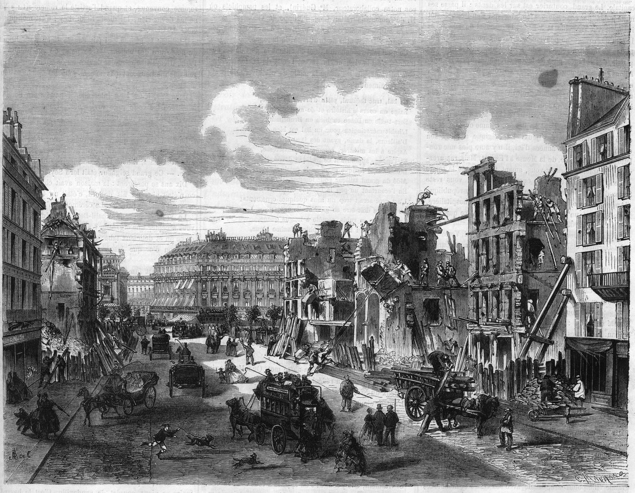 Transformationen von Paris unter dem Zweiten Kaiserreich, Paris Haussmann: Abriss der Rue de la Paix für die Eröffnung der Rue Réaumur. Gravur in „Das Illustrierte Universum“ von Unknown artist