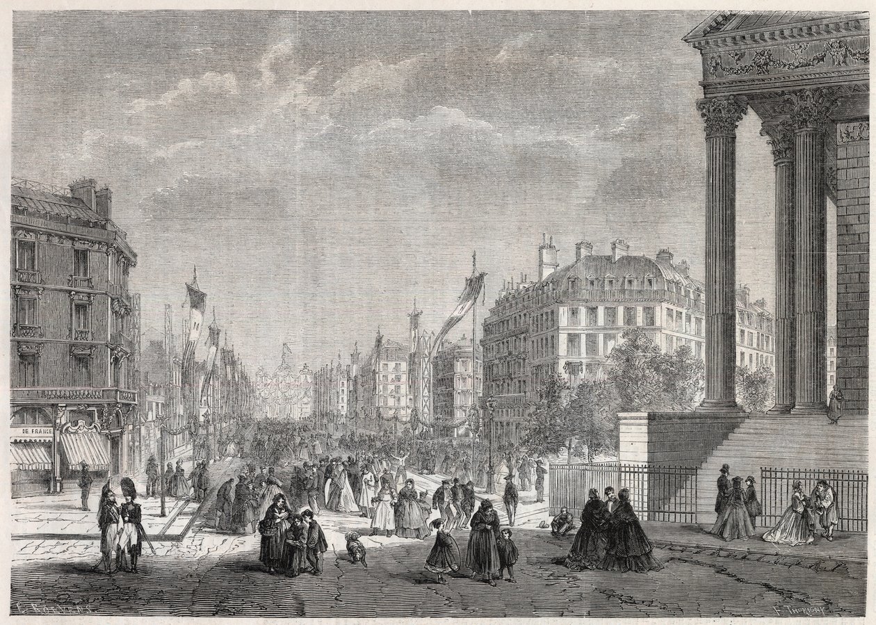 Transformationen von Paris unter dem Zweiten Kaiserreich, Paris Haussmann: Dekoration des Boulevard Malesherbes, am Tag seiner Einweihung am 13. August 1861 - Gravur in „Le Monde Illustré“ von Unknown artist