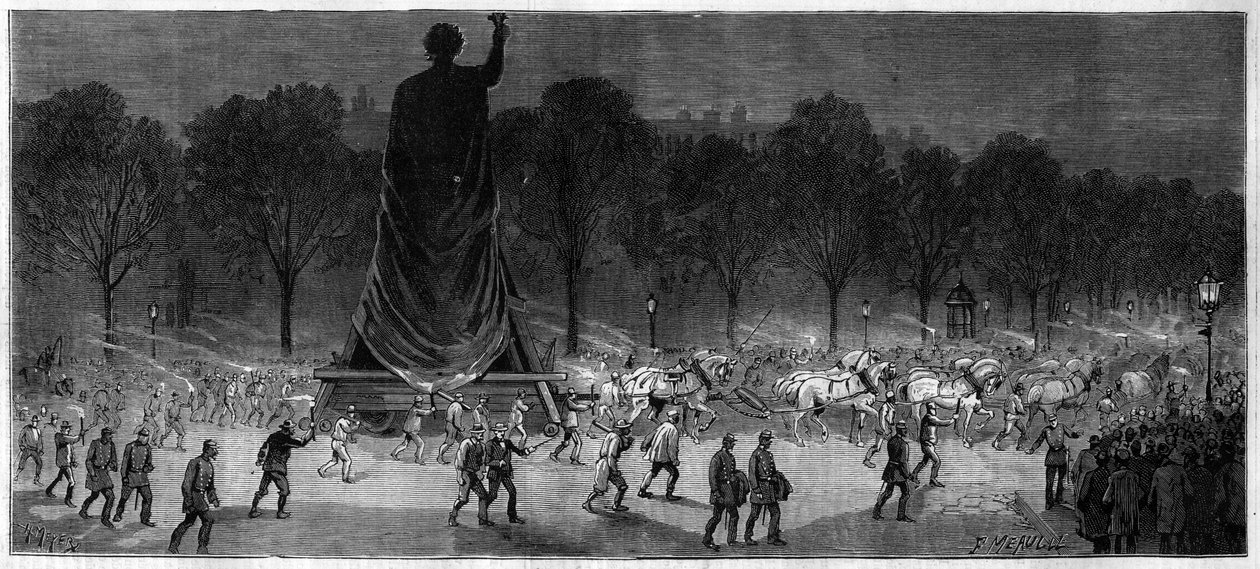 Transport der Statue der Republik (Marianne in Bronze, 9,50 m hoch) von den Werkstätten von Herrn Thiebaut zum Place de la Republique in Paris im Jahr 1883 von Unknown artist
