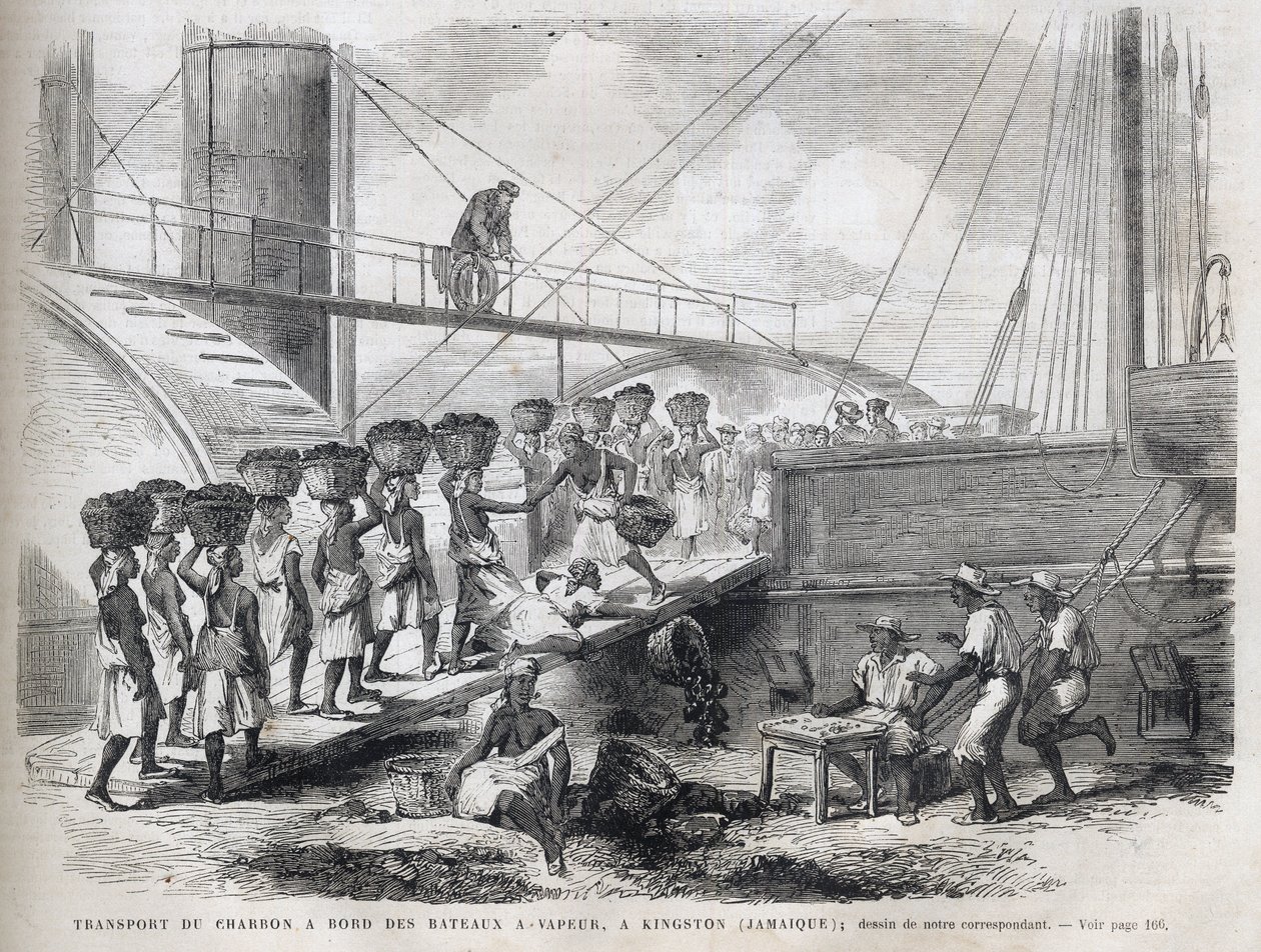 Kohletransport an Bord von Dampfschiffen in Kingston (Jamaika) - Kohlebeladung in Kingston - Jamaika - 1866 Gravur aus „Das illustrierte Universum“ 1866 von Unknown artist