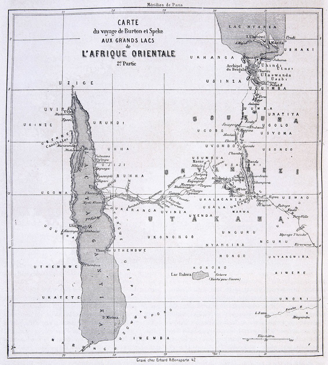 Reisekarte von Richard Francis Burton, britischer Entdecker (1821-1890) und Speke zu den Großen Seen Ostafrikas 1857-59 - in Tour du Monde von Unknown artist