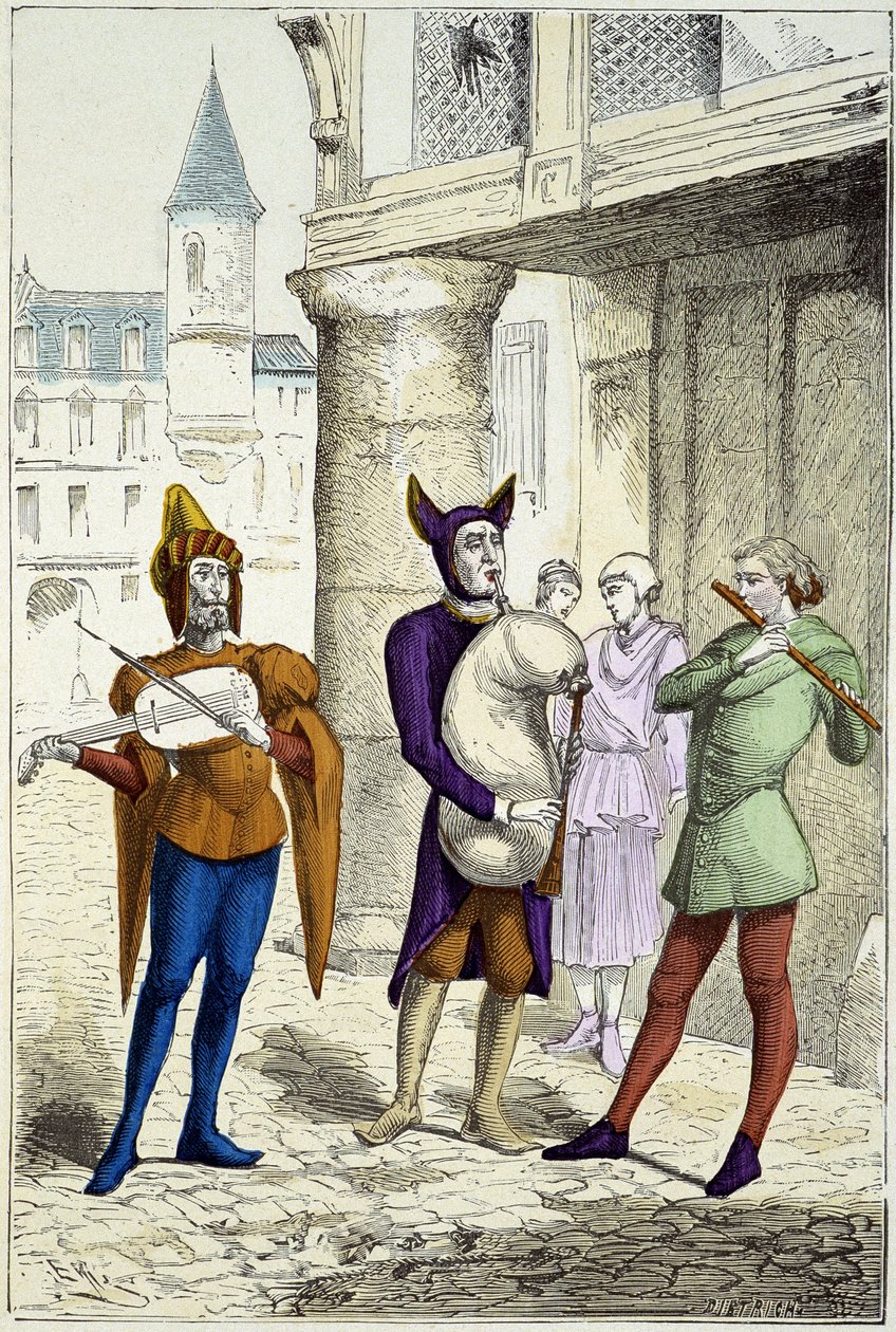 Reisende Musiker im 15. Jahrhundert - in „Costumes de Paris through the centuries“ von Unknown artist