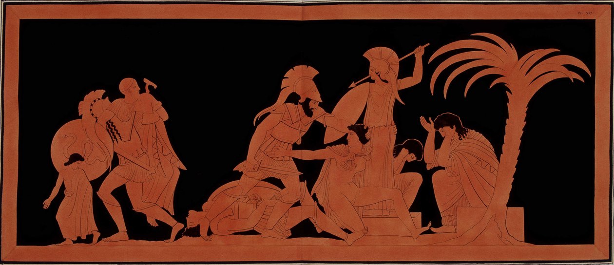 Trojanischer Krieg: Ilions letzte Nacht - linke Gruppe: Aeneas trägt seinen alten Vater Anchises in seinen Armen, der junge Ascanius geht vor seinem Vater - mittlere Gruppe: Kassandra zu Füßen einer Göttin kann die Kühnheit von Ajax, der Conoebus (ihren Ge von Unknown artist