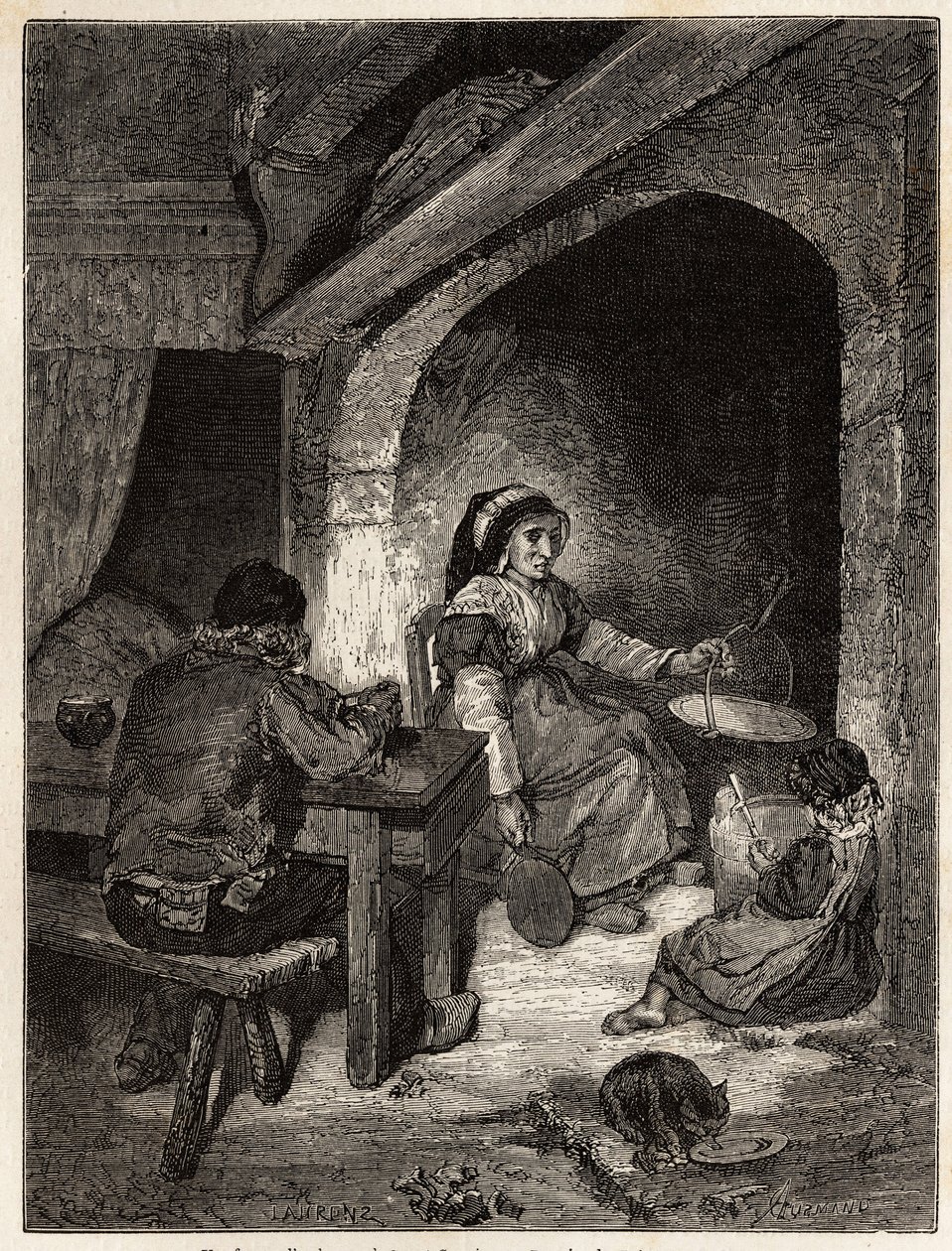 Ein Gasthausherd in Saint Cernin, Gravur zur Illustration einer Reise zu den Vulkanen Zentralfrankreichs im Jahr 1864, in 