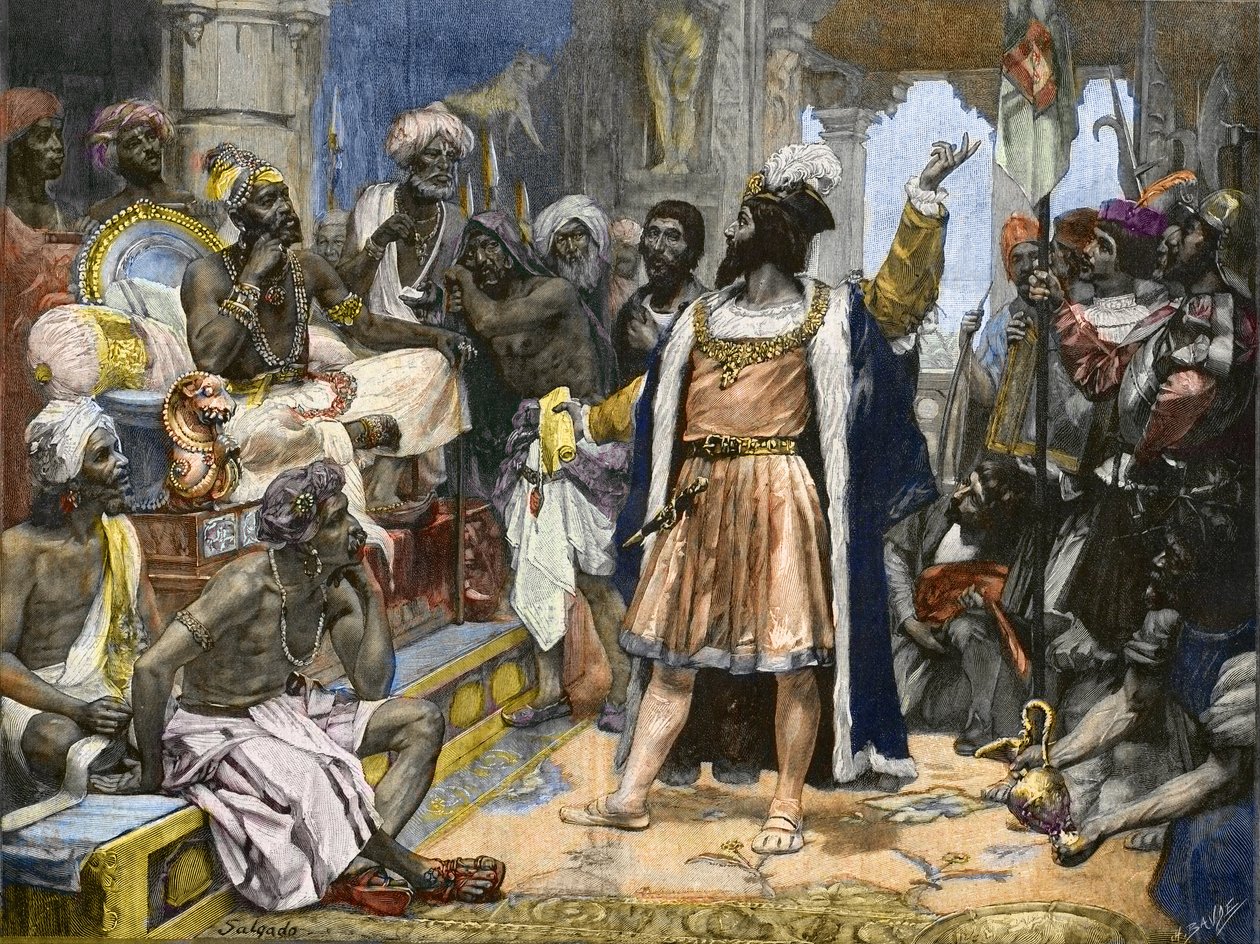 Vasco da Gama übergibt den Brief von König Manuel von Portugal an den Samorim von Calicut - nach einem Gemälde von Unknown artist