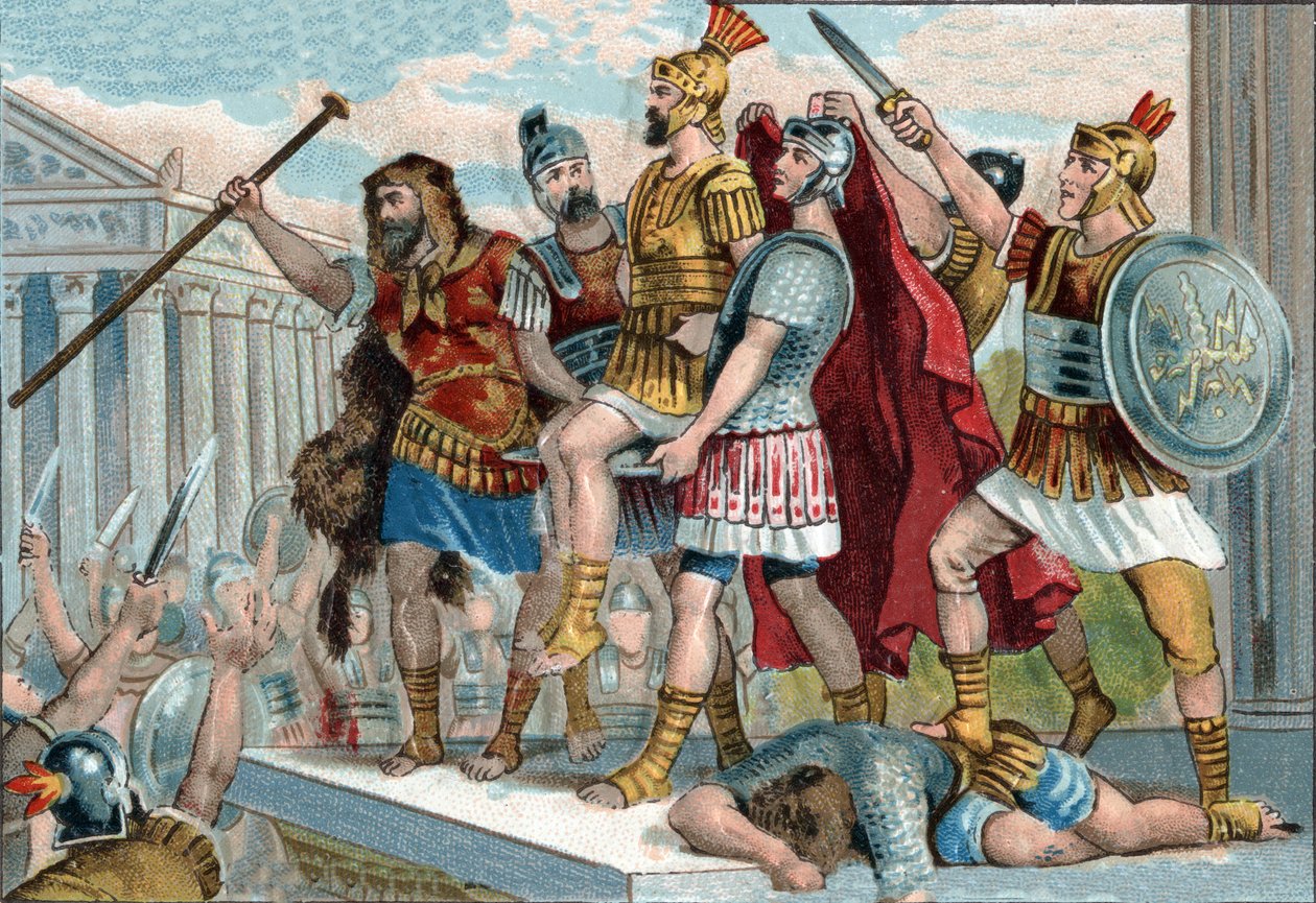 Vespasian (lateinisch Titus Flavius Vespasianus) (9-79) wurde von seinen Soldaten zum Kaiser ausgerufen. Chromolithographie um 1890. von Unknown artist