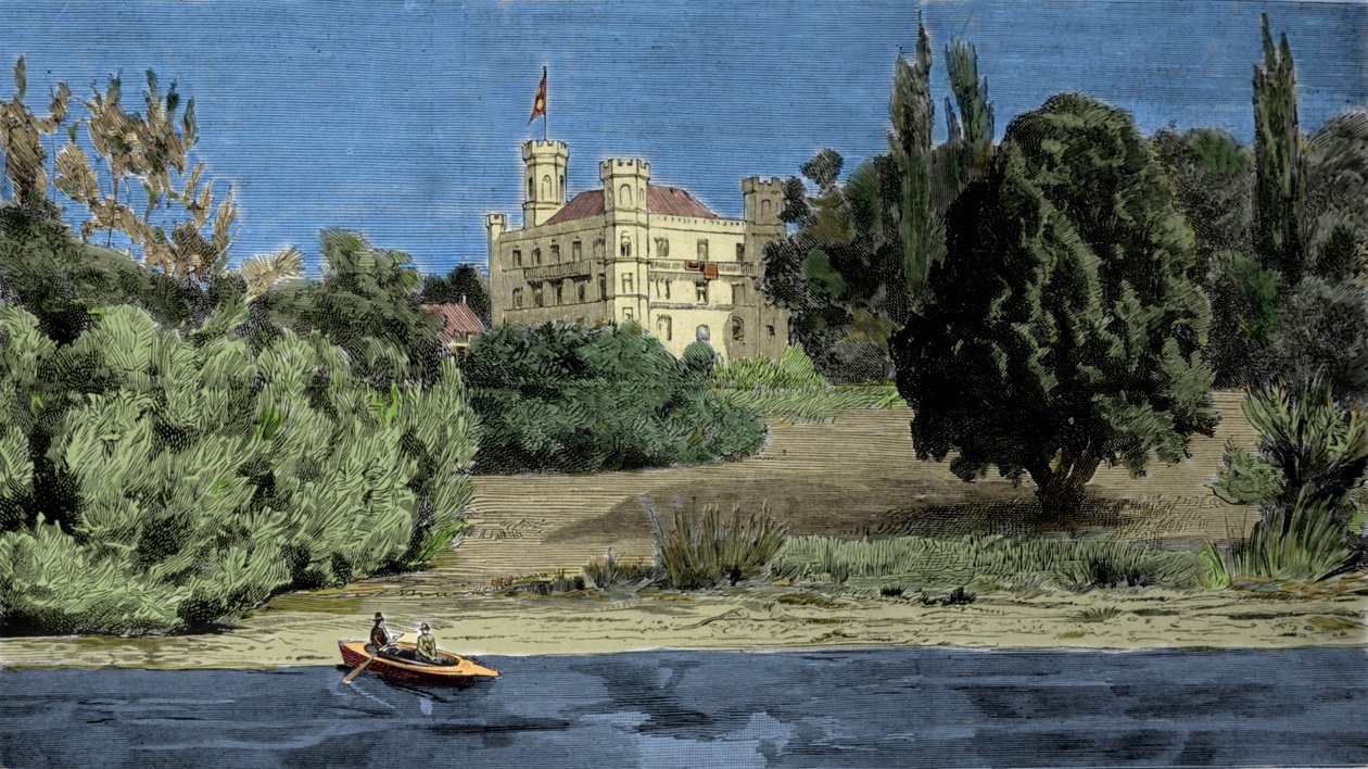 Ansicht von Schloss Berg und dem Starnberger See, wo der Leichnam von Ludwig II. von Bayern gefunden wurde. von Unknown artist