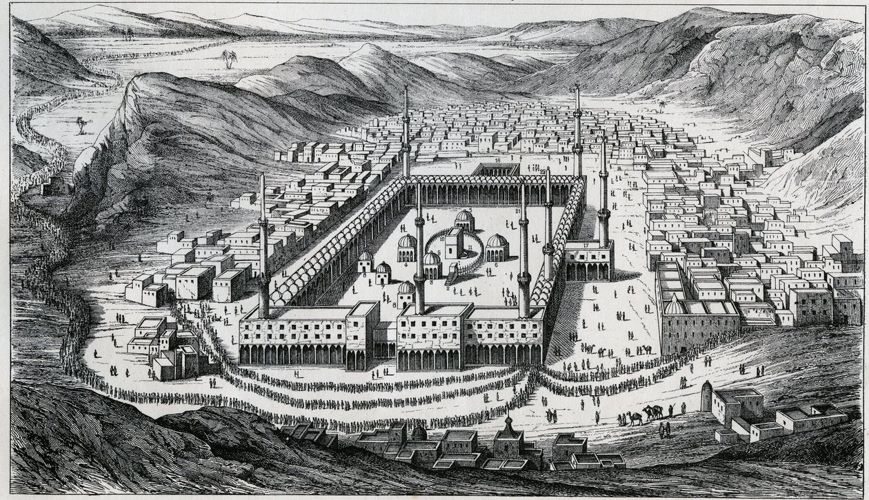 Ansicht von Mekka und seiner großen Moschee zur Zeit des Pilgerbesuchs - Gravur aus dem 19. Jahrhundert. von Unknown artist