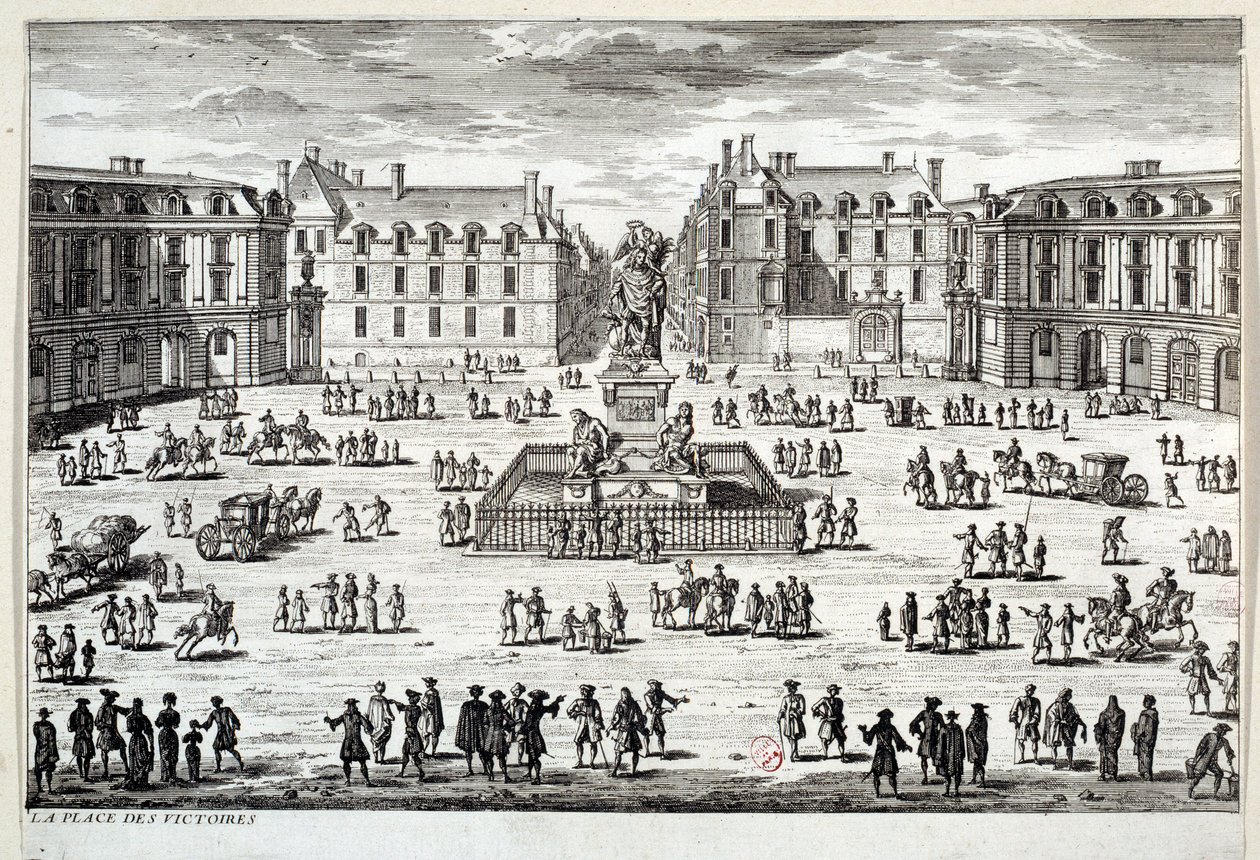 Ansicht des Place des Victoires in Paris mit der Statue von Ludwig XIV., errichtet von Marschall de la Feuillade im Jahr 1686. Gravur des 17. Jahrhunderts. Paris, Musée Carnavalet von Unknown artist