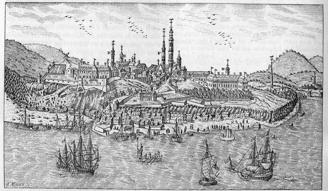 Ansicht der Stadt Quebec in Kanada (Ende des 17. Jahrhunderts): A. Jardin du fort. B. Das Fort. C. Pulverlager. D. Les Recollets. E. Ursulinen. F. Die Jesuiten. G. Die Kathedrale. H. Das Seminar. I. Hotel Dieu. L. Allgemeines Krankenhaus. Mr. L