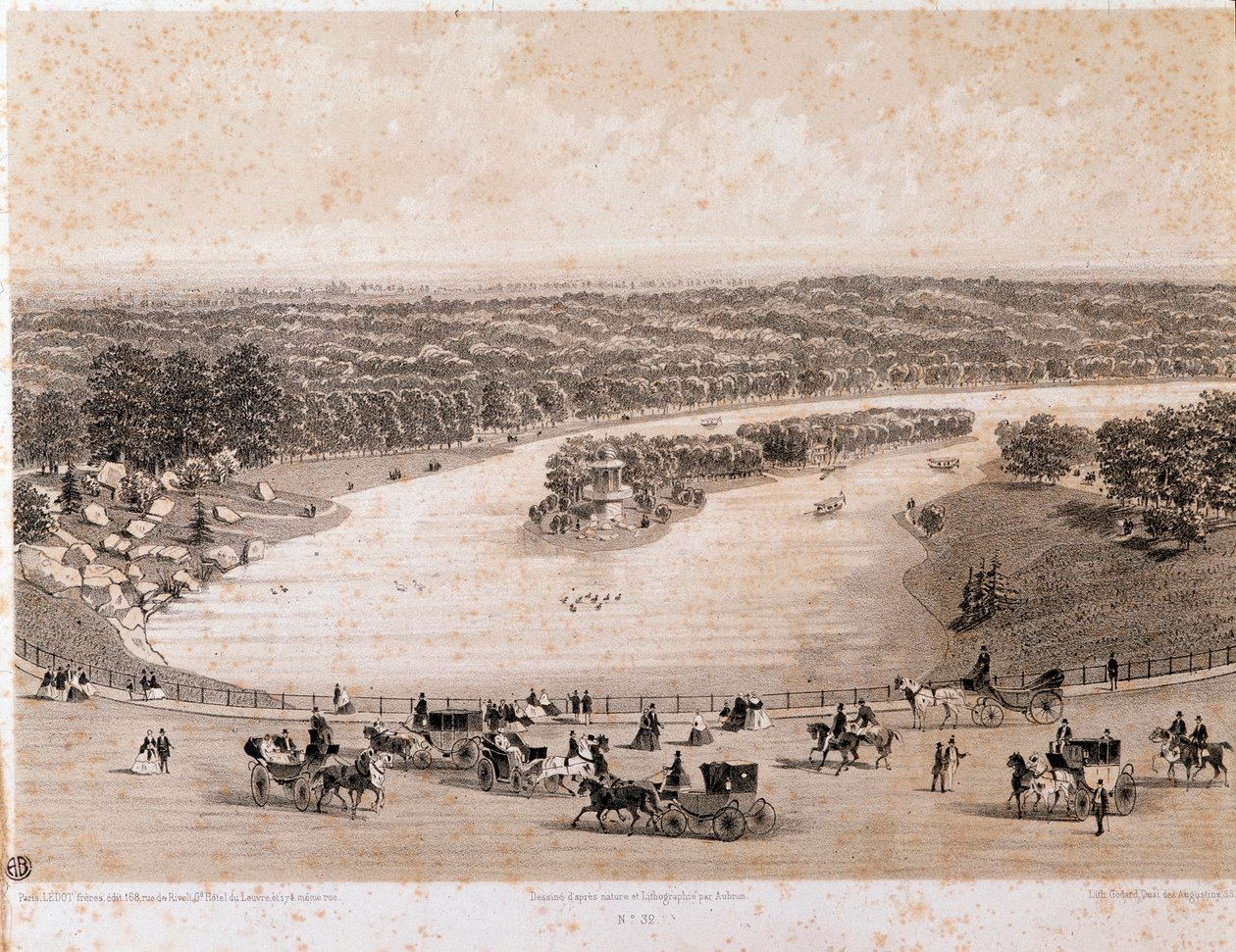 Ansicht des Bois de Boulogne in Paris. Lithographie von 1850. Private Sammlung von Unknown artist