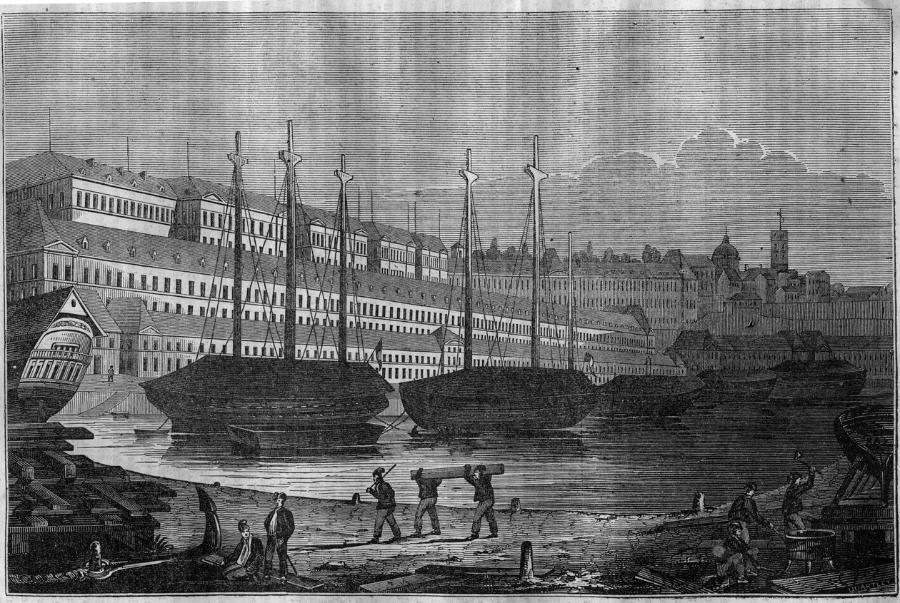 Ansicht der Corderies, des Bagne und des Turms von Saint Louis in Brest. In „The picturesque store“ 1835 von Unknown artist