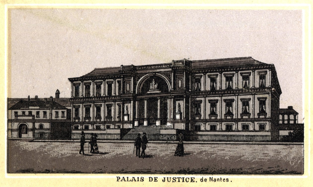 Ansicht des Justizpalastes von Nantes (Loire-Atlantique, Pays de la Loire), Frankreich. Chromolithographie aus dem späten 19. Jahrhundert von Unknown artist