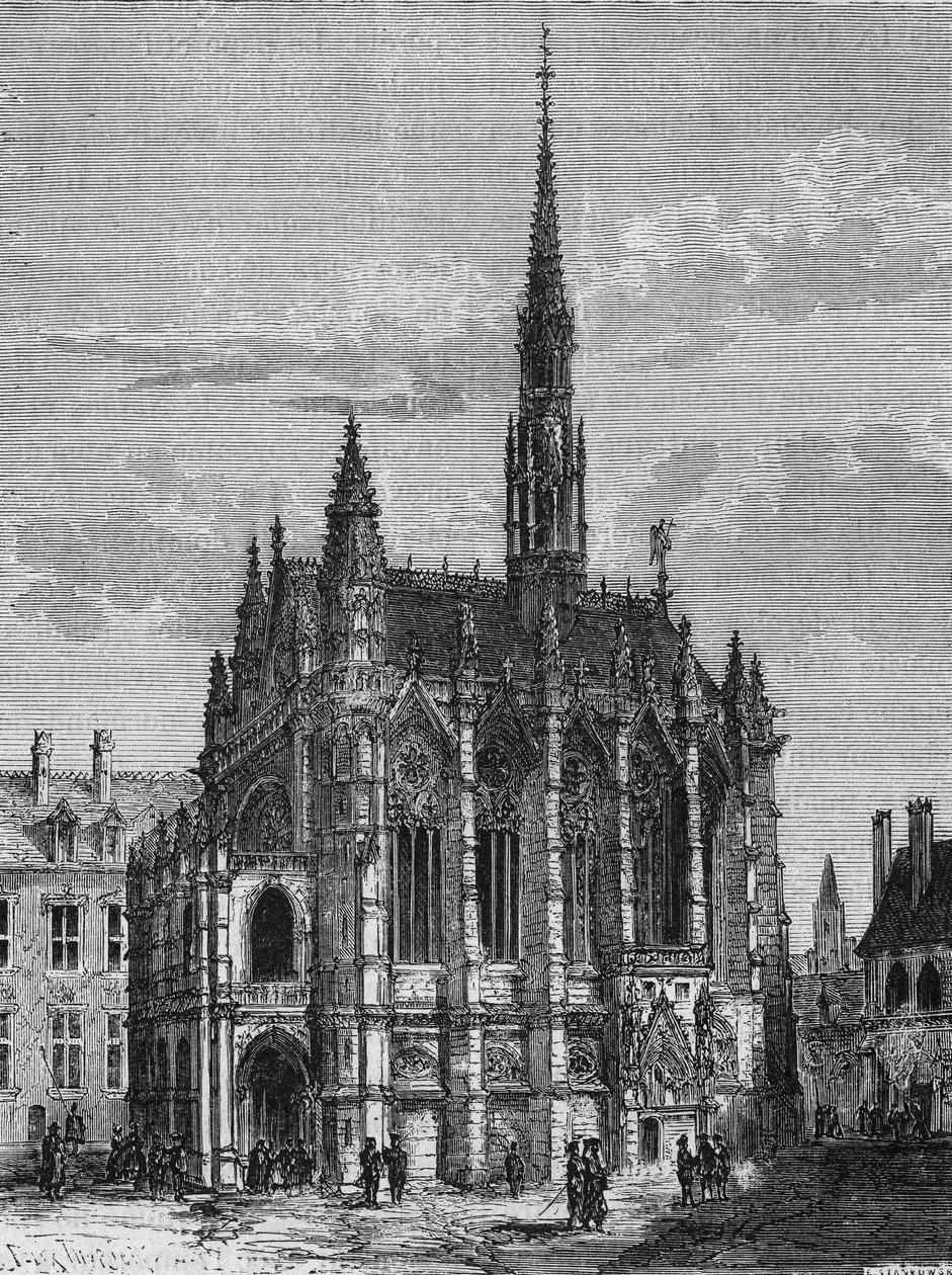 Ansicht der Sainte-Chapelle-Kirche in Paris. Gravur aus „L