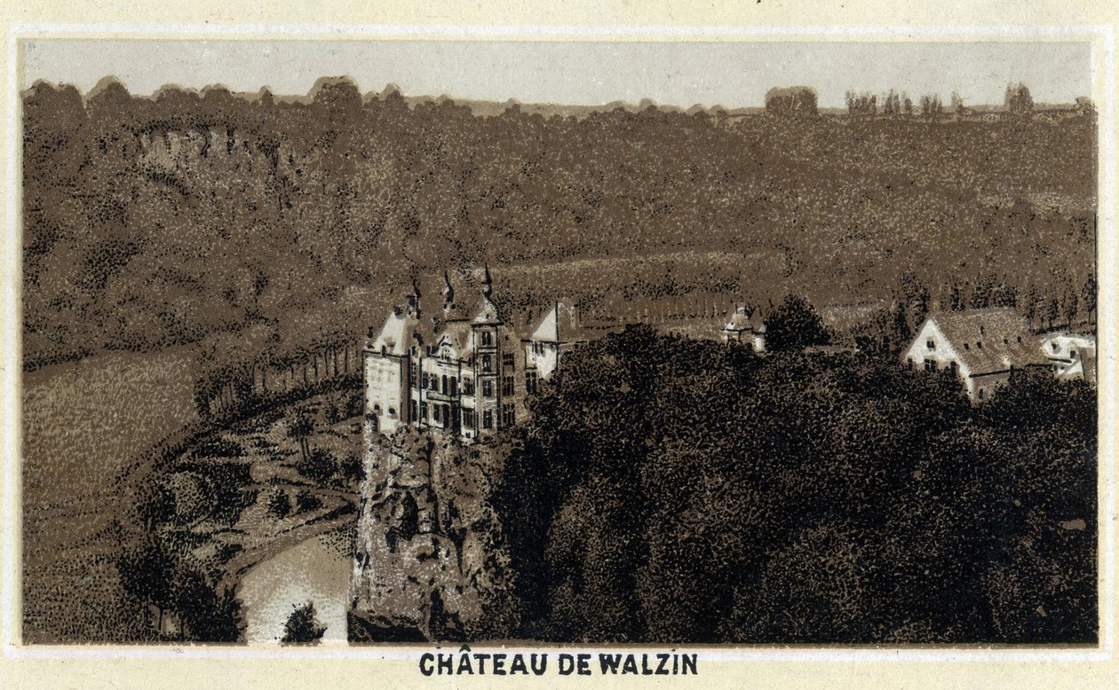Ansicht des Schlosses von Walzin in Wallonien (Belgien) am Ufer des Flusses Lesse. Chromolithographie aus dem späten 19. Jahrhundert von Unknown artist