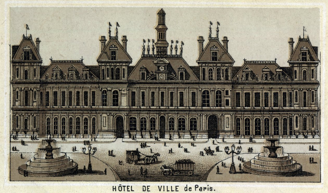Ansicht des Rathauses von Paris und des Platzes. Chromolithographie aus dem späten 19. Jahrhundert von Unknown artist