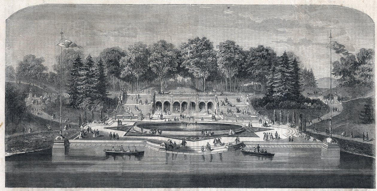 Ansicht des Gartens „Central Park“ in New York, USA. Architektur von Frederick Law Olmsted und Calvert Vaux im Stadtteil Manhattan. Gravur in „The Illustrious Universe“ von Unknown artist