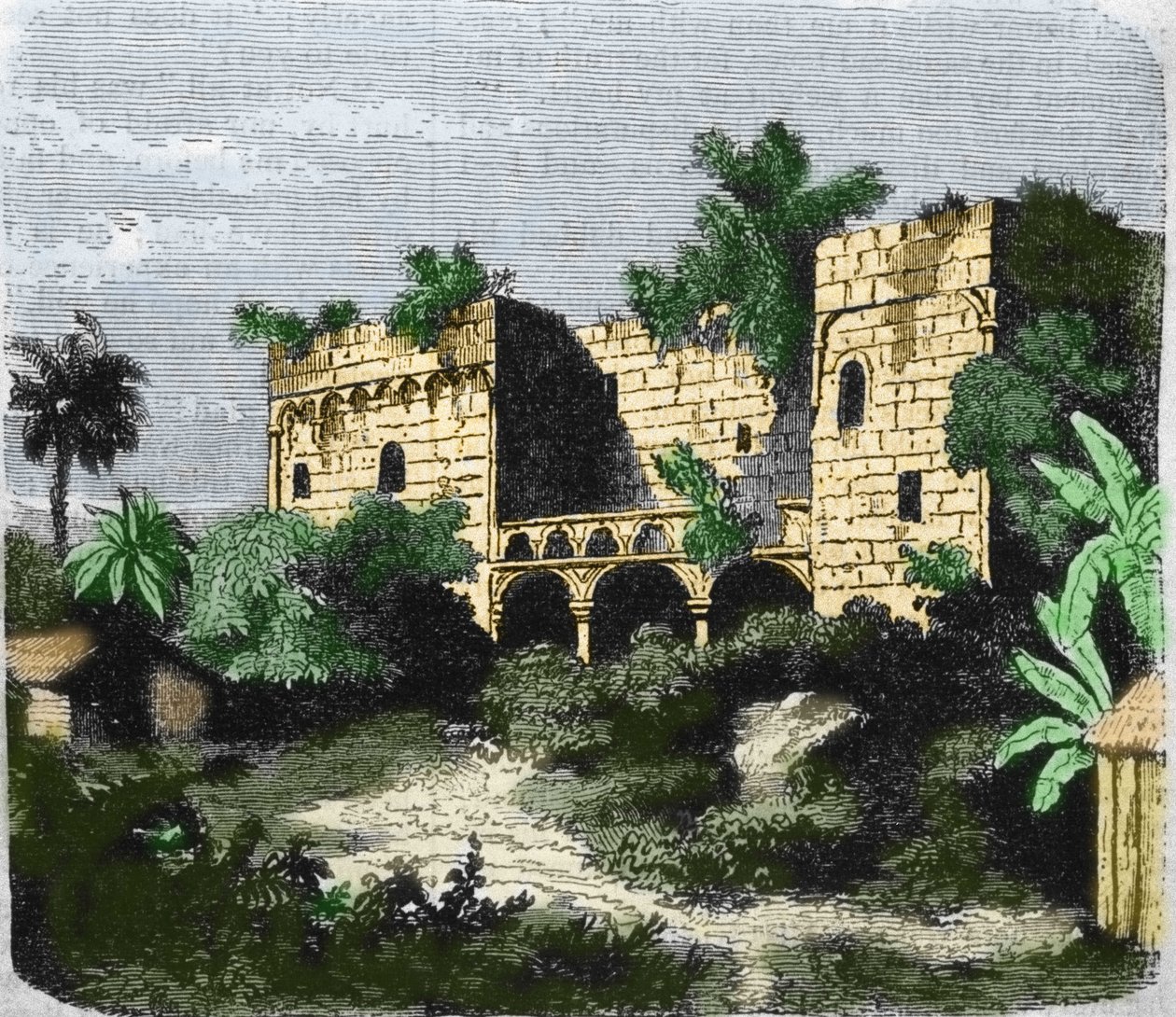 Ansicht des Hauses „Alcazar de Colón“, gebaut von Christoph Kolumbus für seinen Sohn Diego Kolumbus (1480-1526), auf einer Insel von Santo Domingo. Gravur des 19. Jahrhunderts von Unknown artist