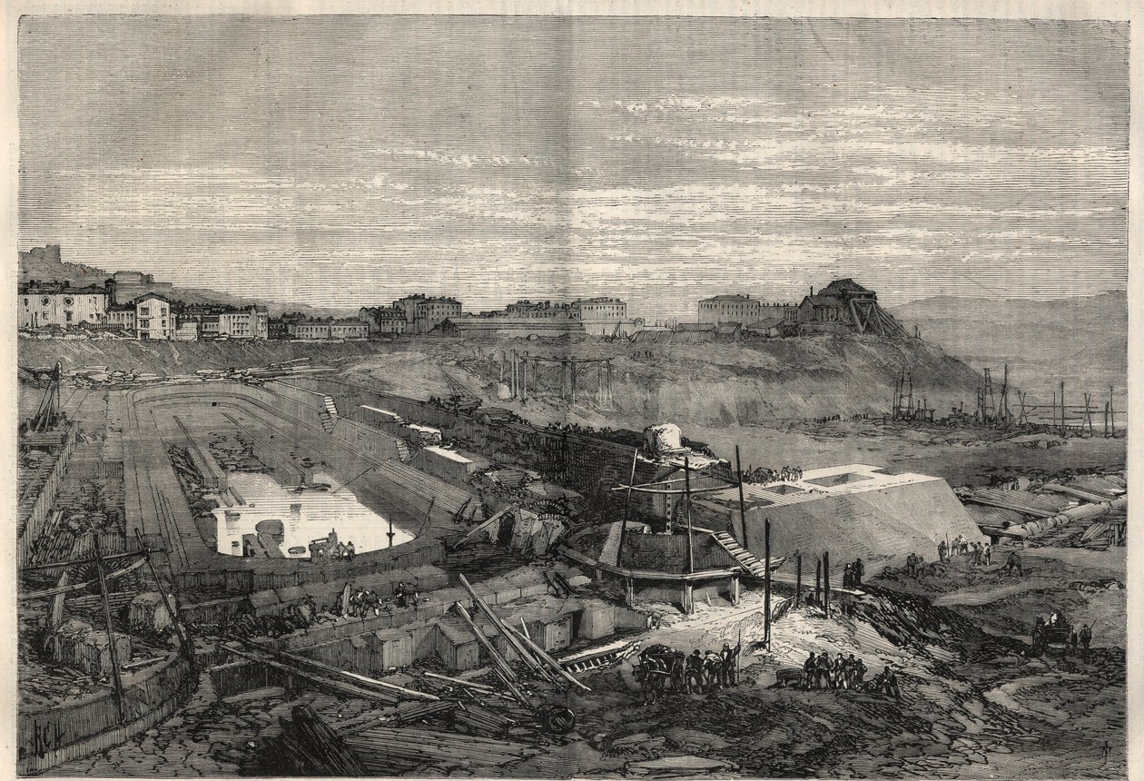 Ansicht der neuen Docks, die von der italienischen Regierung im Hafen von La Spezia gebaut wurden. Gravur in „L