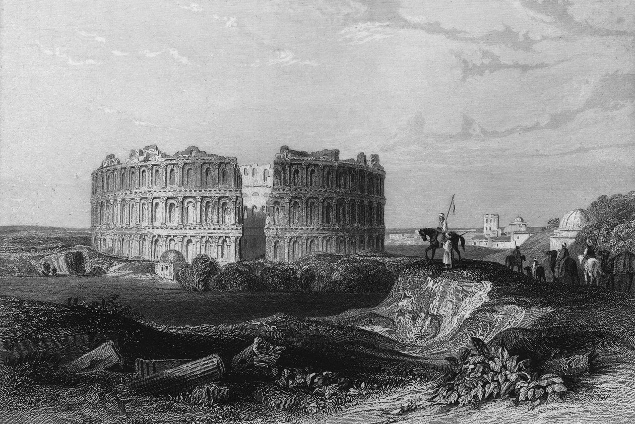 Ansicht der Ruinen des Amphitheaters von Jemm in Algerien im 19. Jahrhundert, in „L