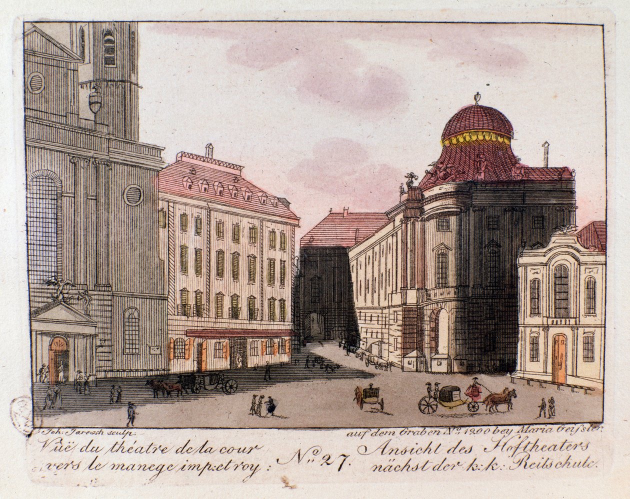 Ansicht des Theaters und des Hofes in Richtung der kaiserlichen Reitschule in Wien, Österreich. Gravur von 1815 Private Sammlung von Unknown artist
