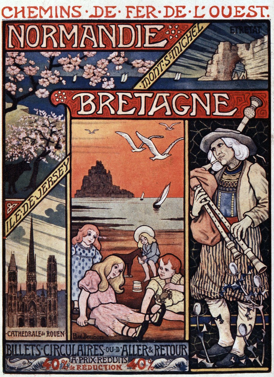 Ansichten der Normandie (Rouen und Etretat) und der Bretagne (Mont Saint Michel), Kinder am Strand und Dudelsackspieler - Werbeplakat der Eisenbahnen de l