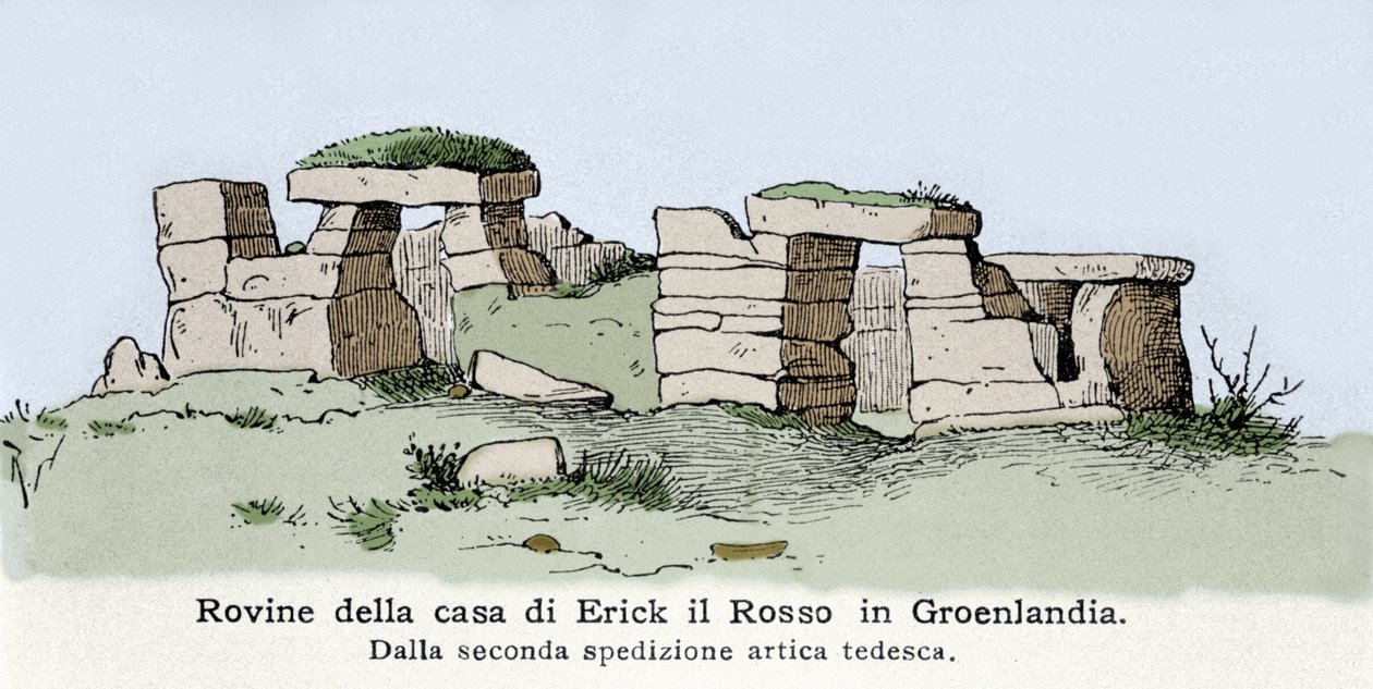 Wikinger: Ansicht der Ruinen des Hauses des Norwegers Erik der Rote (Erik Le Rouge) (940 oder 950-1003 oder 1010) in Grönland. Illustration aus dem 19. Jahrhundert von Unknown artist