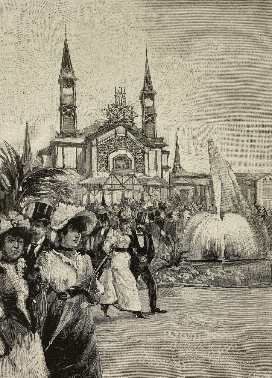 Besucher vor dem Sportgebäude bei den Vereinigten Ausstellungen, Mailand, Italien, Zeichnung von M Bianchini aus L