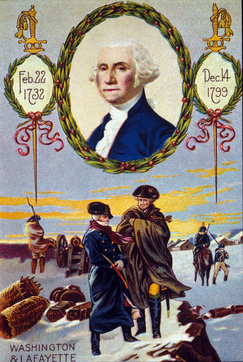 Unabhängigkeitskrieg der Vereinigten Staaten: der Marquis de Lafayette (1757-1834) traf George Washington (1732-1799) in Valley Forge, um ihm 1777 zu helfen. Chromolithographie des 19. Jahrhunderts von Unknown artist