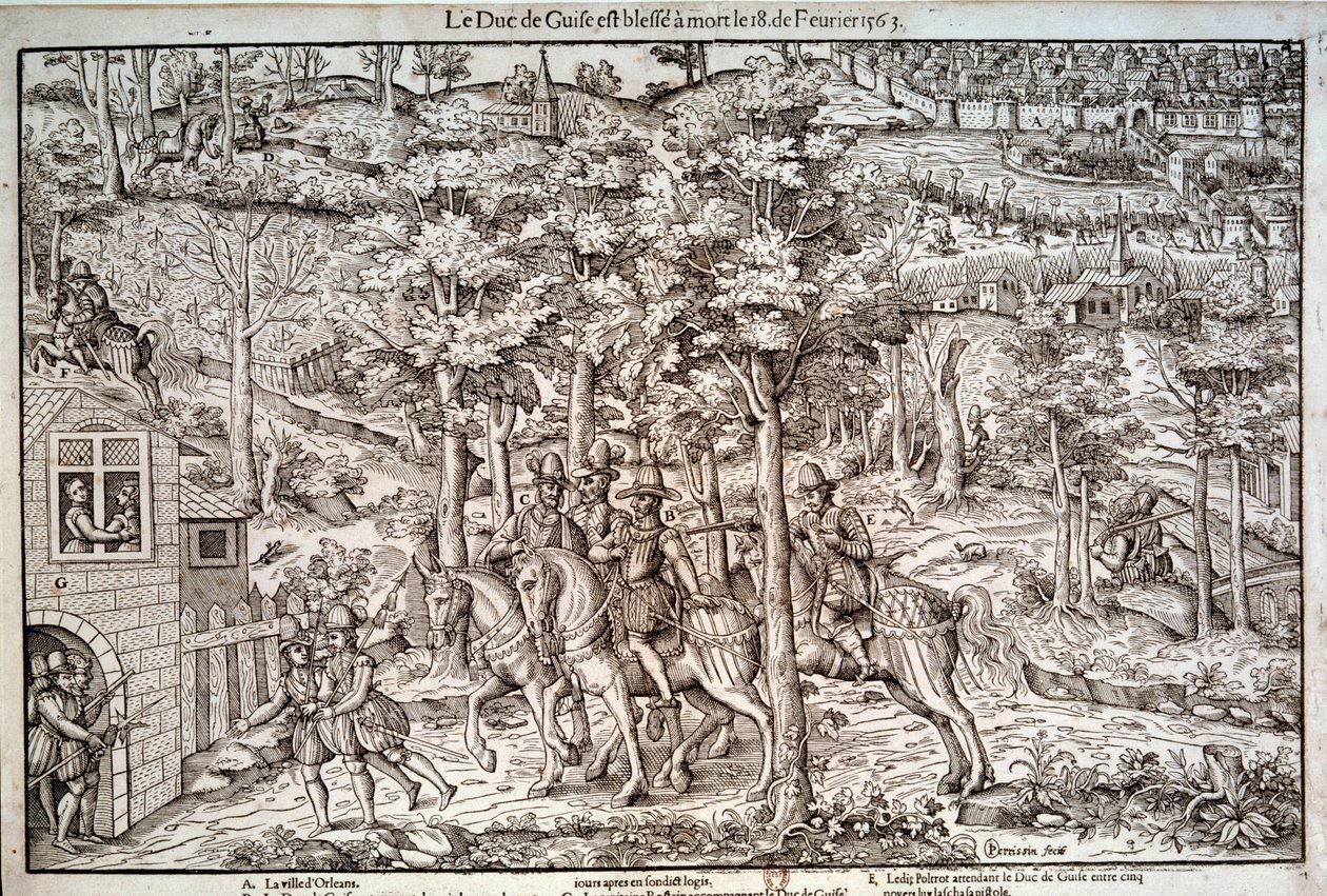 Religionskriege 1562-1598: Ermordung von Francois I. von Lothringen (1519-1563), zweiter Herzog von Guise am 18.02.1563. Ein katholischer Führer, er wurde vom Calvinisten Jean de Poltrot de Mere ermordet. Gravur aus dem 16. Jahrhundert von Unknown artist