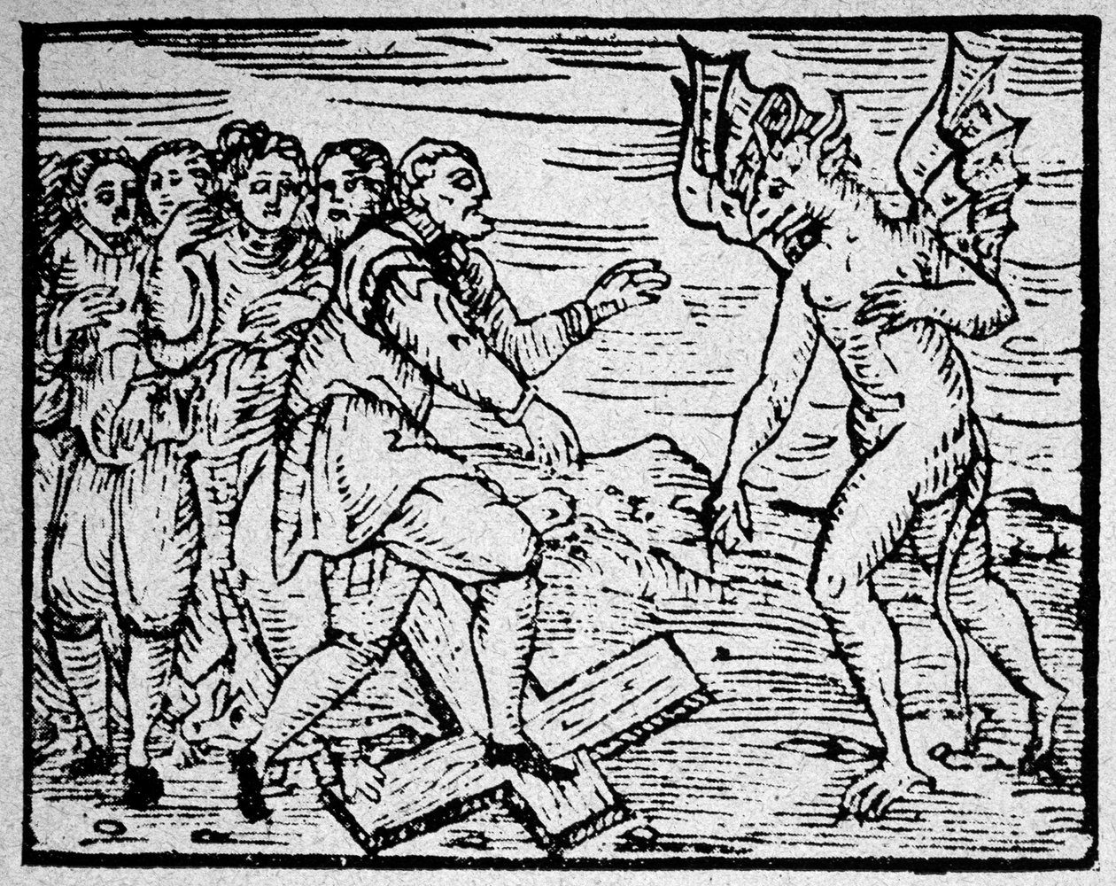 Hexerei: der Teufel und die Männer, die auf dem katholischen Kreuz gehen - Gravur von Unknown artist