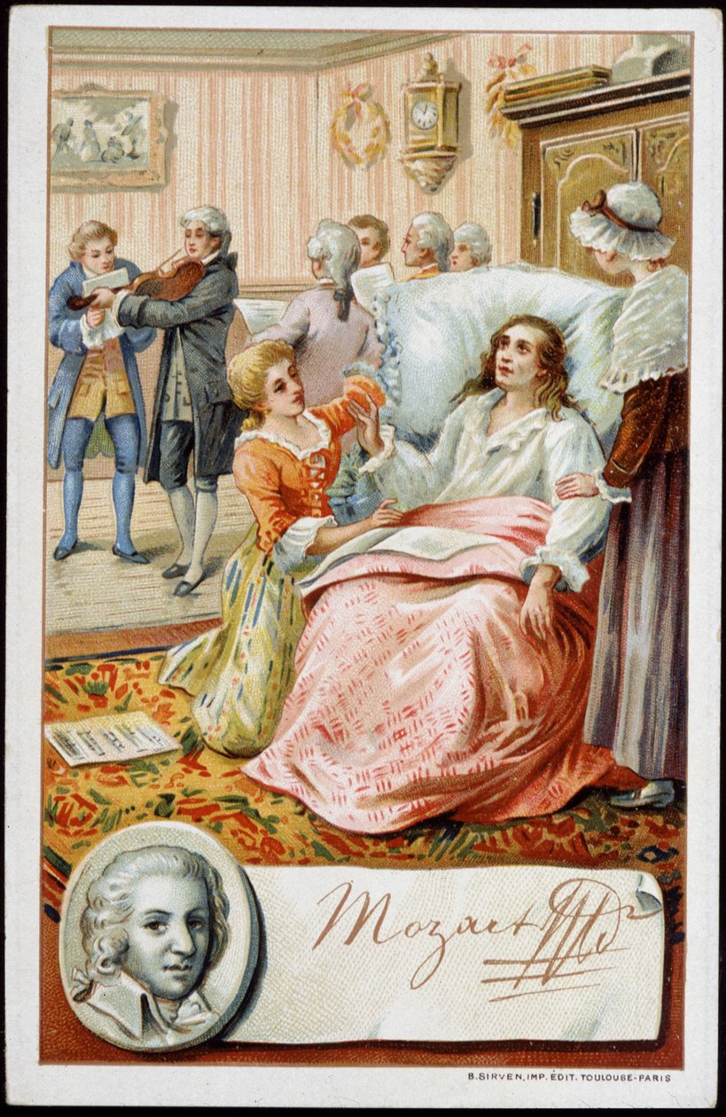 Wolfgang Amadeus Mozart (1756-1791) in den letzten Tagen seines Lebens. Chromolithographie des 19. Jahrhunderts von Unknown artist