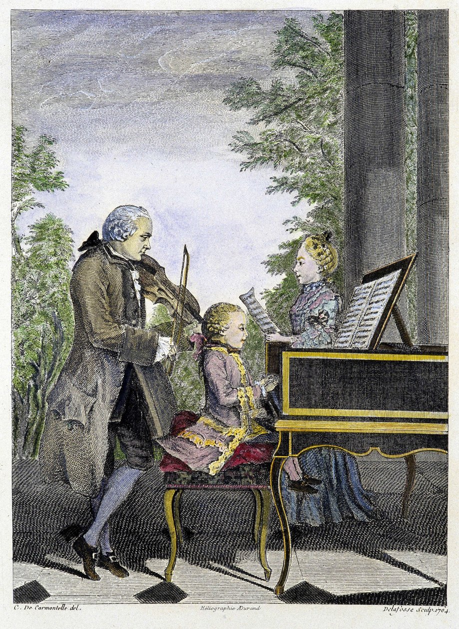 Wolfgang Amadeus Mozart als Kind am Klavier, umgeben von seinem Vater Leopold an der Geige und seiner Schwester Marianne beim Singen - Gravur von Unknown artist